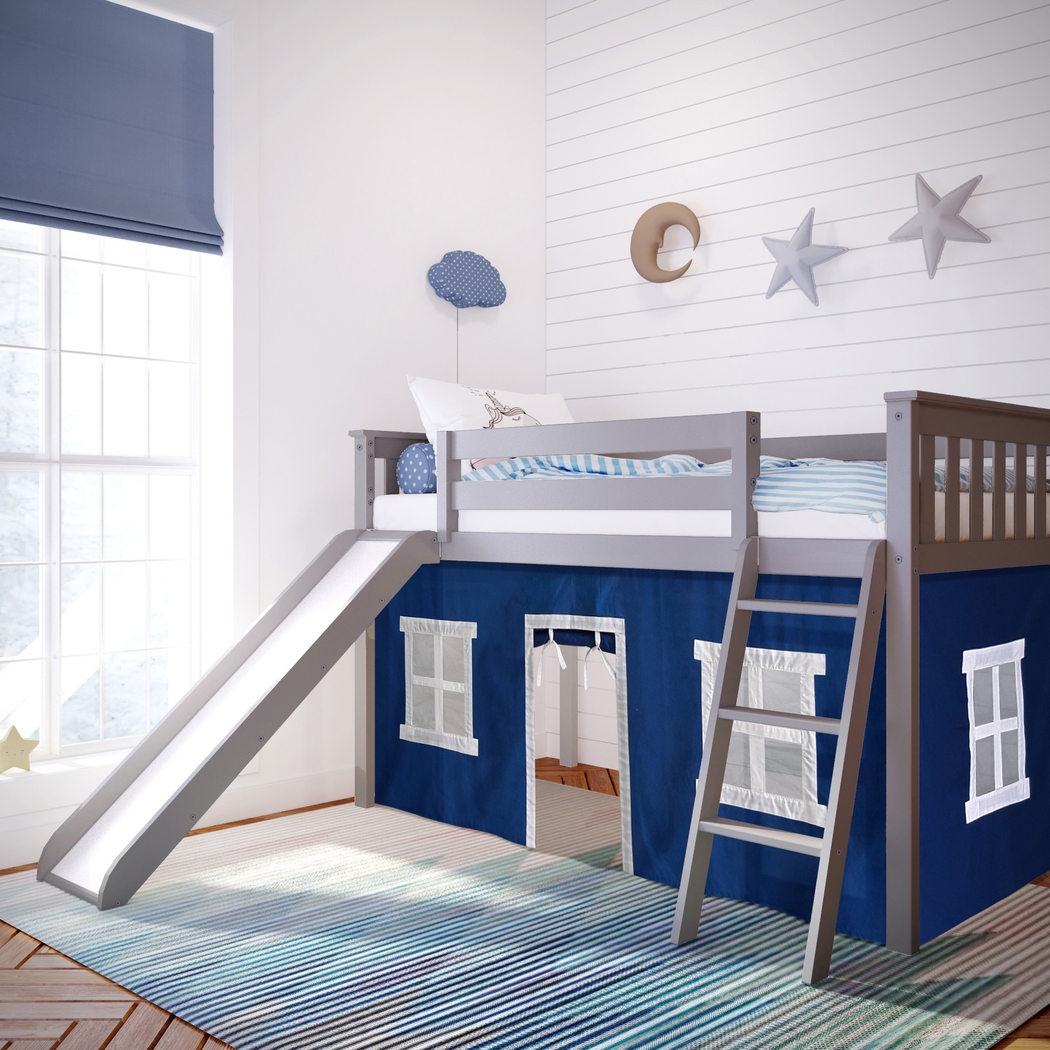 Kids Ayleth Gray Twin Low Loft Bed with Slide and Blue Tent - Thumbnail - Image 1