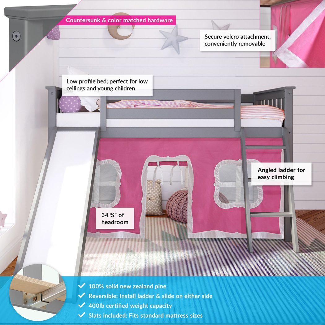 Kids Ayleth Gray Twin Low Loft Bed with Slide and Pink Tent - Thumbnail - Image 3