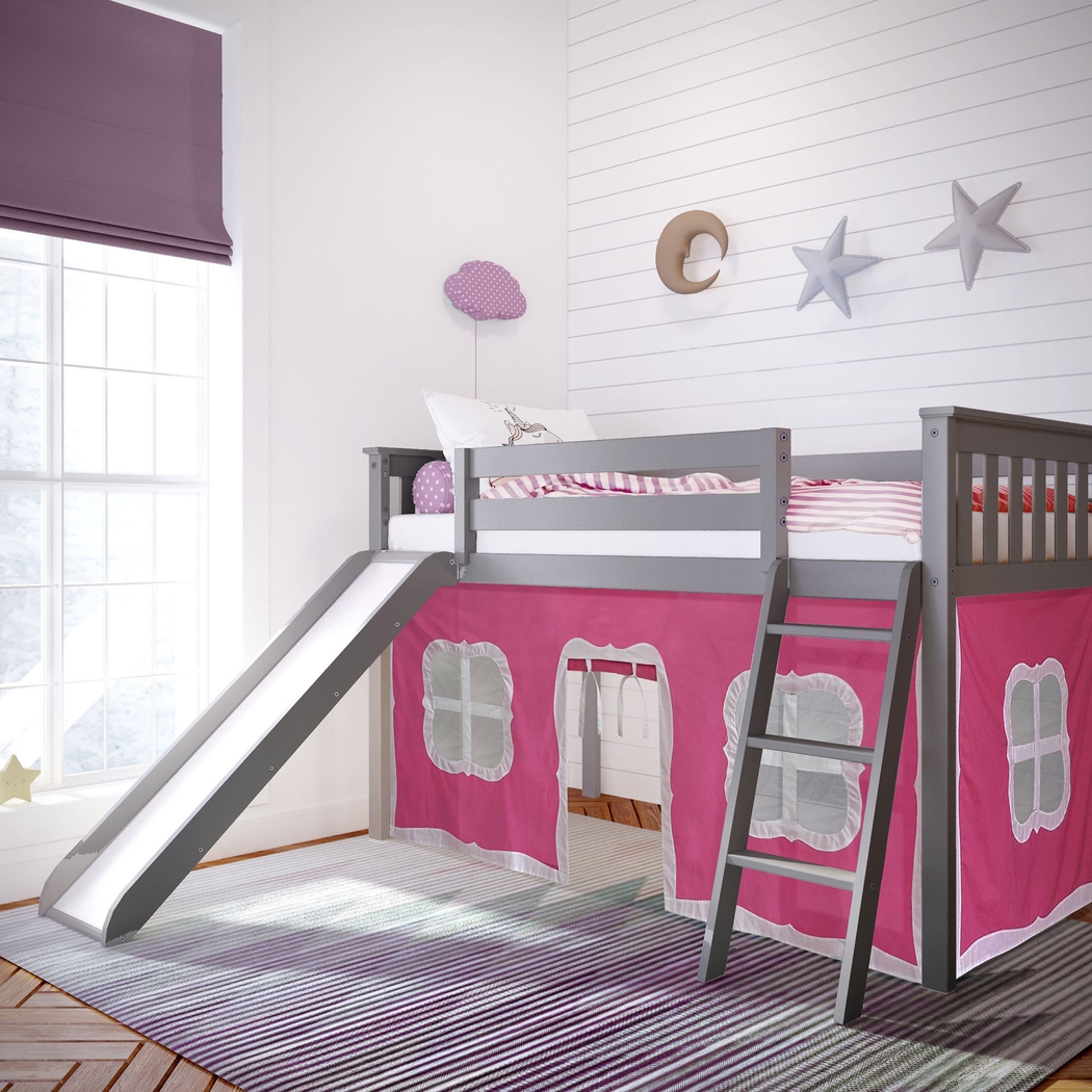 Kids Ayleth Gray Twin Low Loft Bed with Slide and Pink Tent - Thumbnail - Image 1