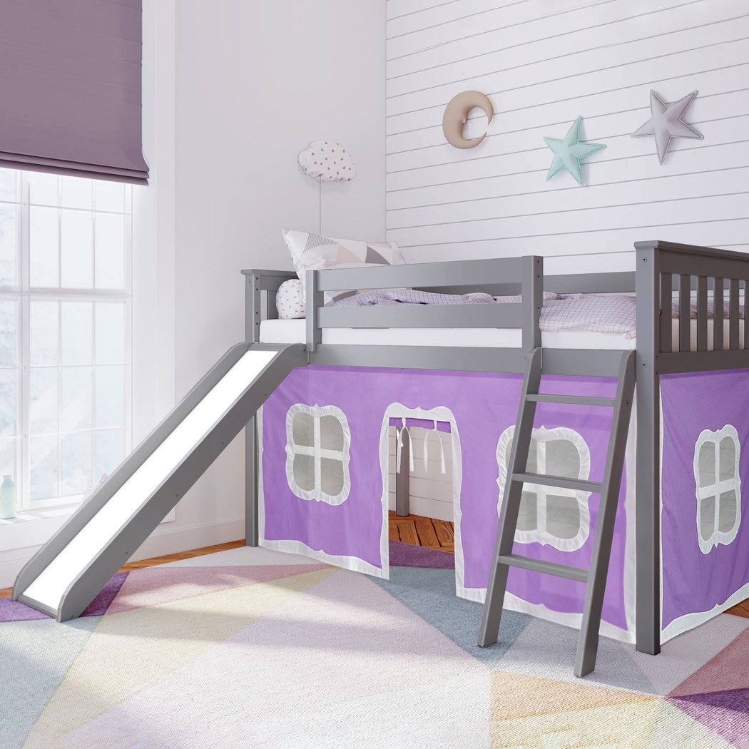 Kids Ayleth Gray Twin Low Loft Bed with Slide and Pink Tent - Thumbnail - Image 1
