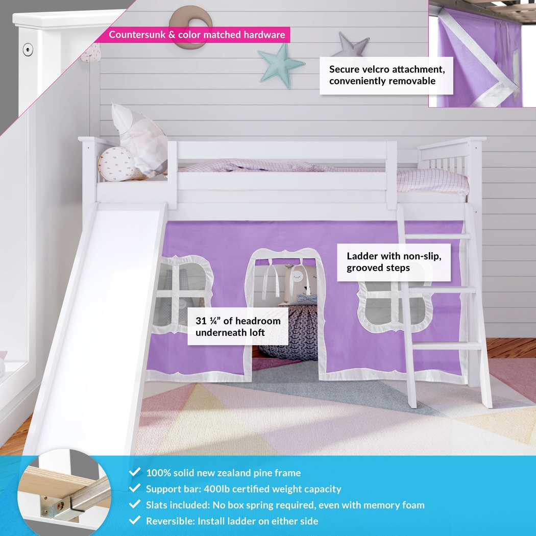 Kids Ayleth White Twin Low Loft Bed with Purple Tent - Thumbnail - Image 3