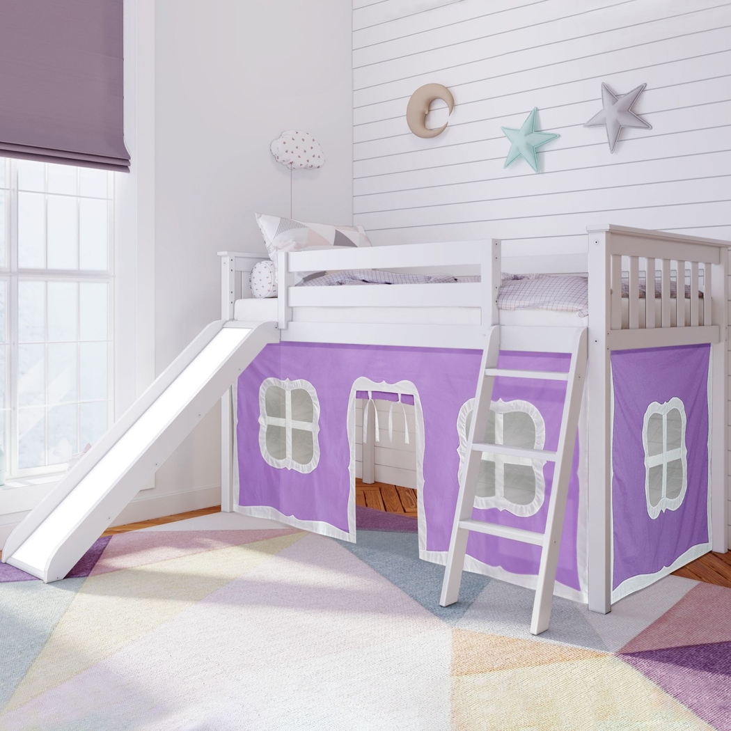 Kids Ayleth White Twin Low Loft Bed with Purple Tent - Thumbnail - Image 1