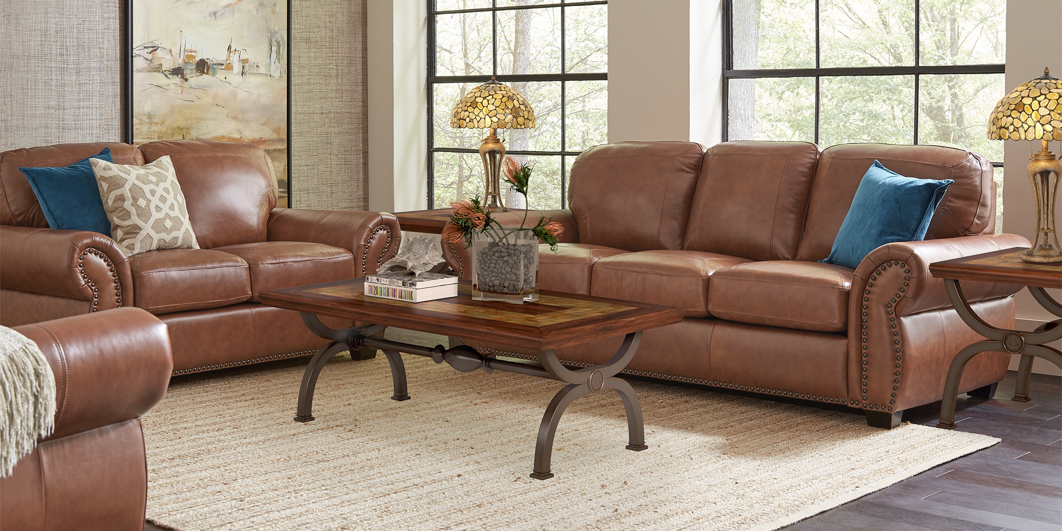 Balencia Light Brown Leather 5 Pc Living Room - Thumbnail - Image 1
