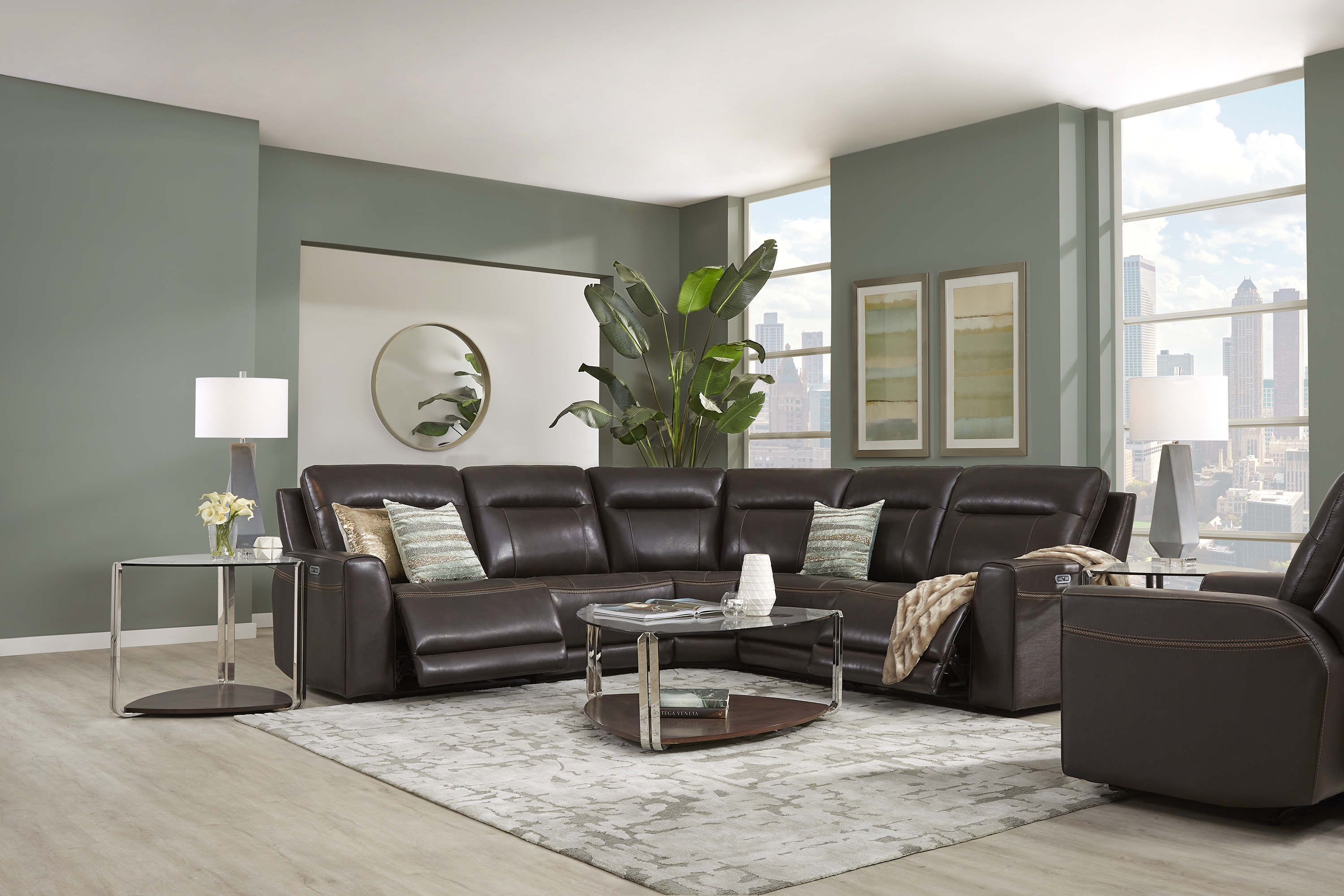 Bargotti Coffee Leather 5 Pc Dual Power Reclining Sectional - Thumbnail - Image 2