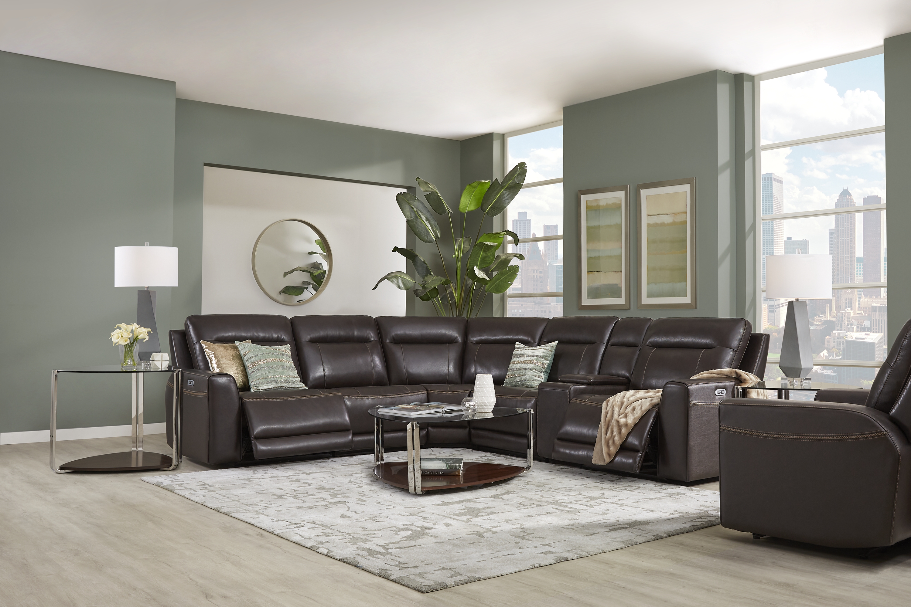 Bargotti Coffee Leather 6 Pc Dual Power Reclining Sectional - Thumbnail - Image 2