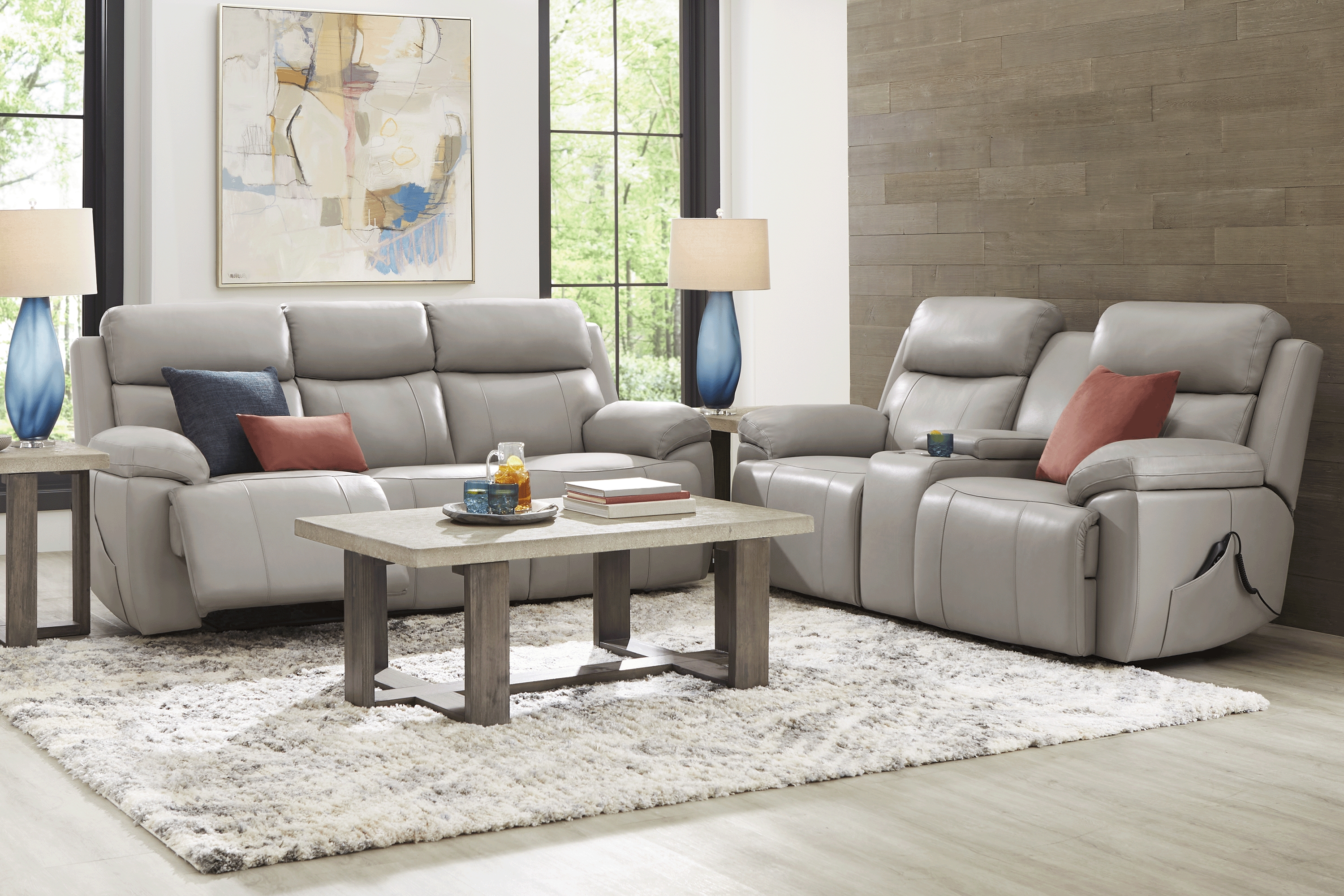 Barolo Dove Leather 5 Pc Triple Power Reclining Living Room with Massage and Heat - Thumbnail - Image 1