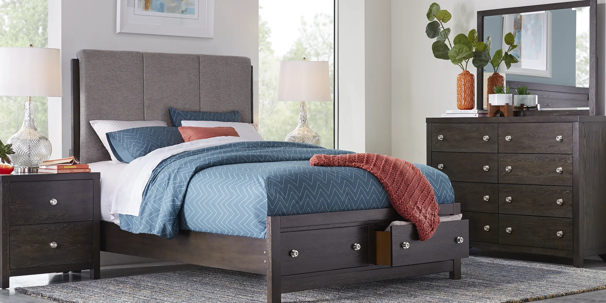 Barringer Place Merlot 6 Pc Queen Upholstered Bedroom with Storage - Thumbnail - Image 1