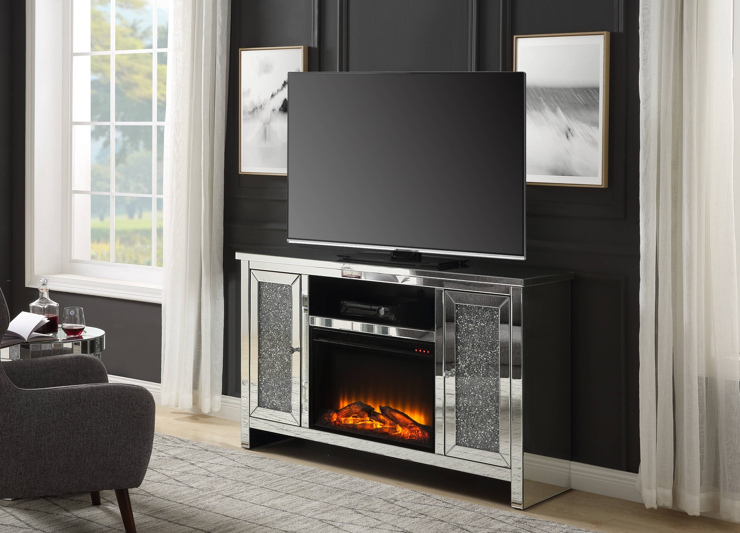 Barrowdale Silver 59 in. Console, With Electric Fireplace - Thumbnail - Image 2
