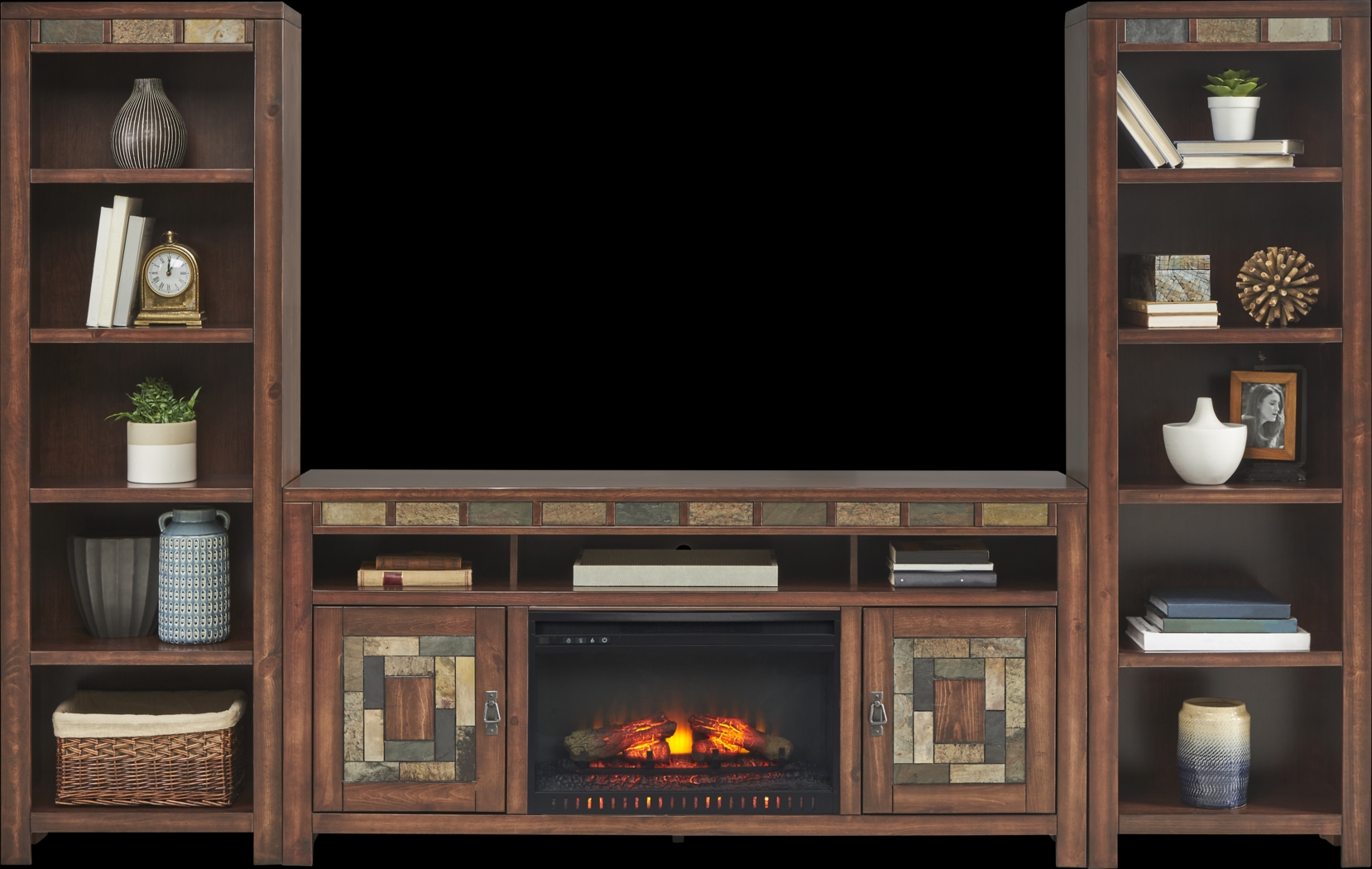 Bartlett II Cherry 4 Pc Wall Unit with 67 in. Console and Electric Log Fireplace - Thumbnail - Image 1