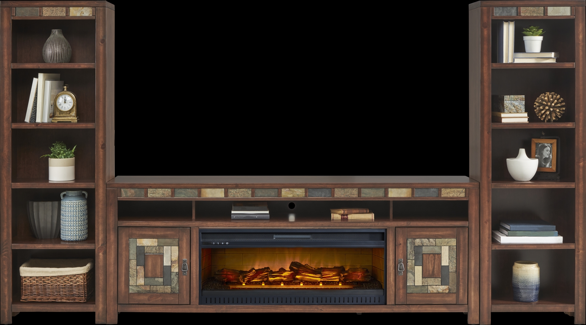 Bartlett II Cherry 4 Pc Wall Unit with 83 in. Console and Electric Log Fireplace - Thumbnail - Image 2