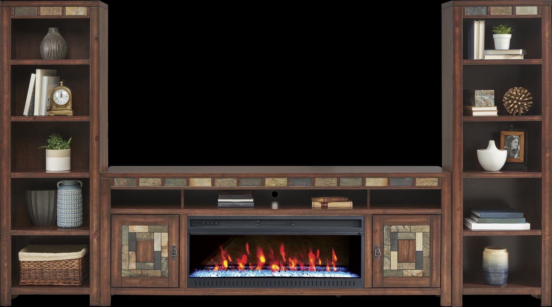Bartlett II Cherry 4 Pc Wall Unit with 83 in. Console and Electric Log Fireplace - Thumbnail - Image 2