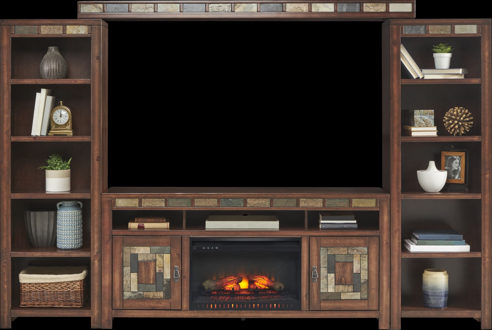 Bartlett II Cherry 5 Pc Wall Unit with 67 in. Console and Electric Log Fireplace - Thumbnail - Image 2