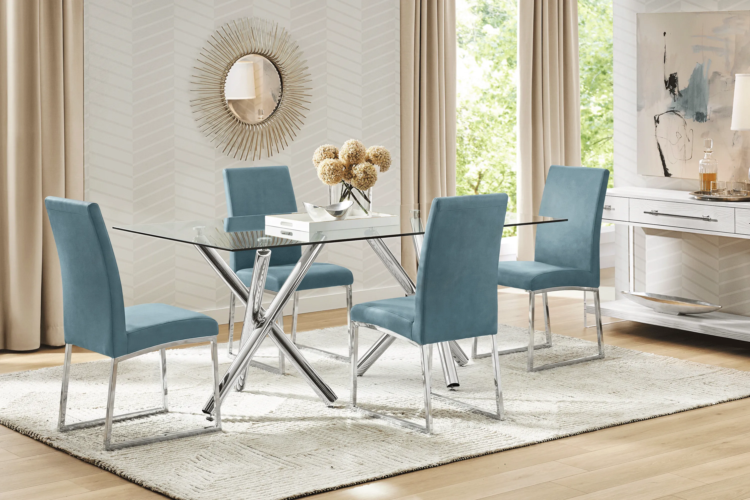 Bastone Silver 5 Pc Dining Room with Blue Upholstered Chairs - Thumbnail - Image 1