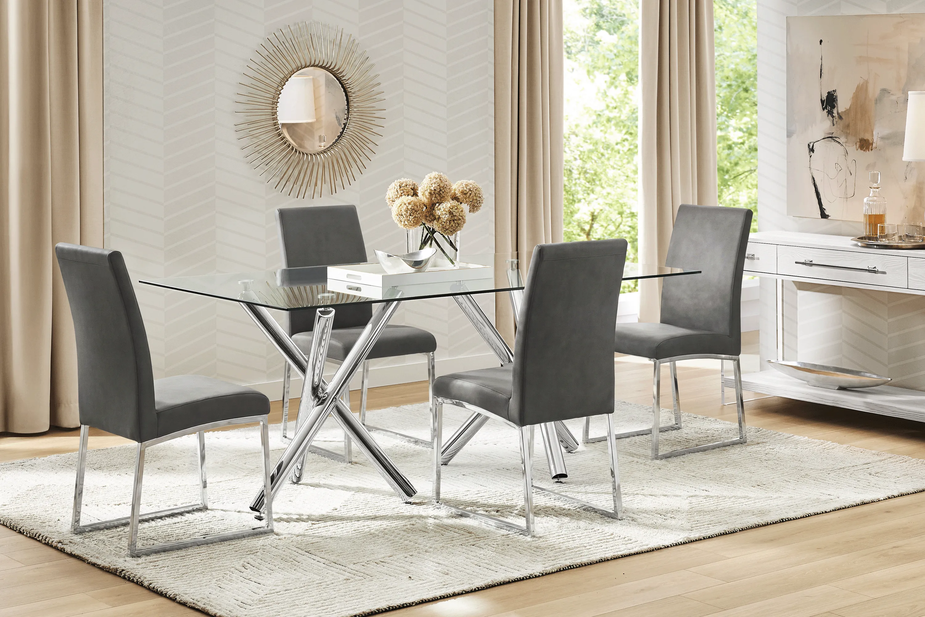 Bastone Silver 5 Pc Dining Room with Charcoal Upholstered Chairs - Thumbnail - Image 1