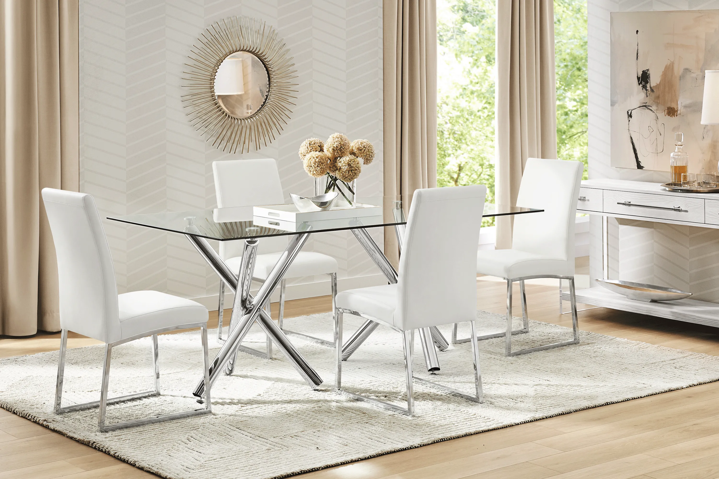 Bastone Silver 5 Pc Dining Room with Off-White Upholstered Chairs - Thumbnail - Image 1