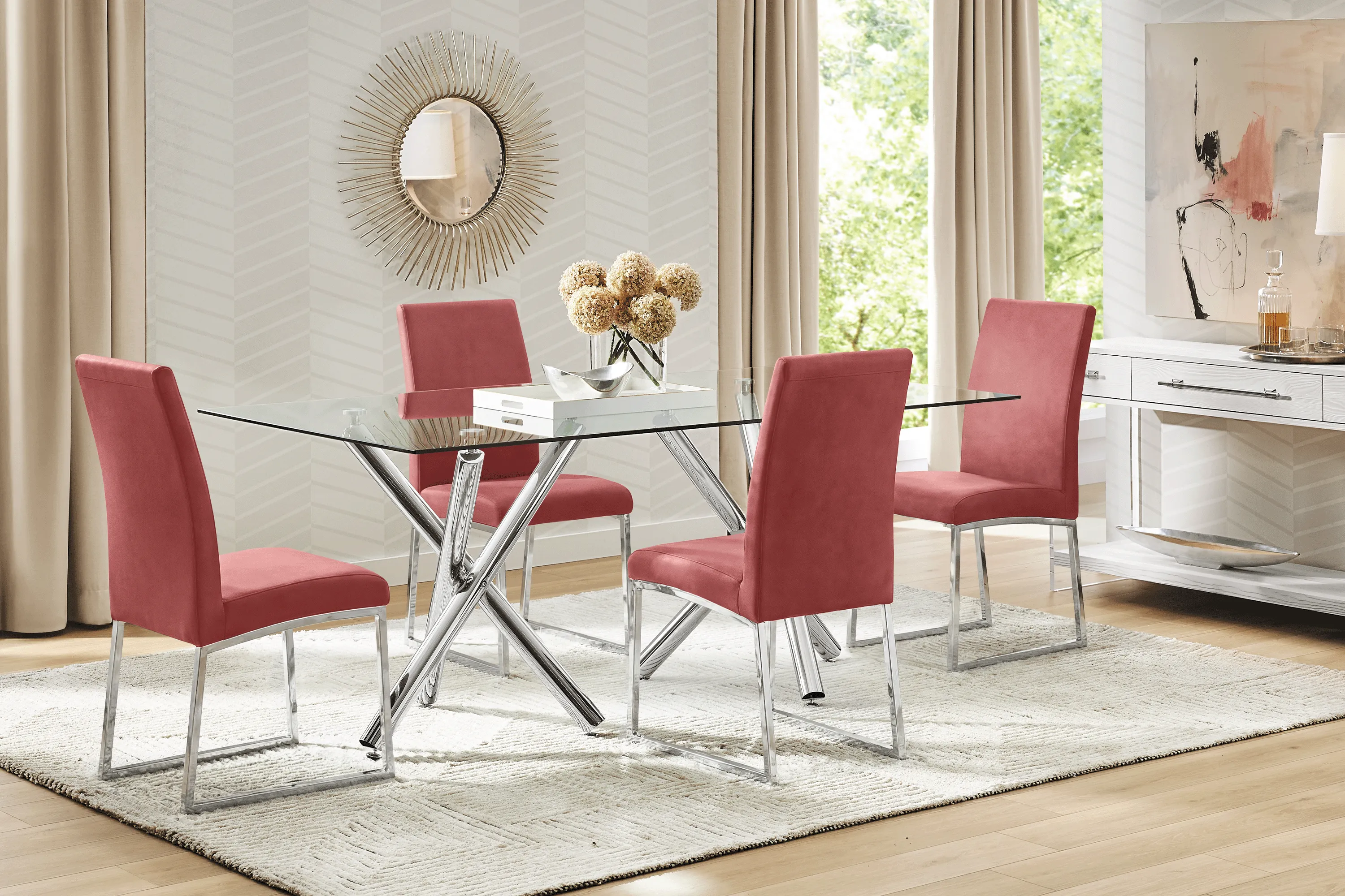 Bastone Silver 5 Pc Dining Room with Red Upholstered Chairs - Thumbnail - Image 1