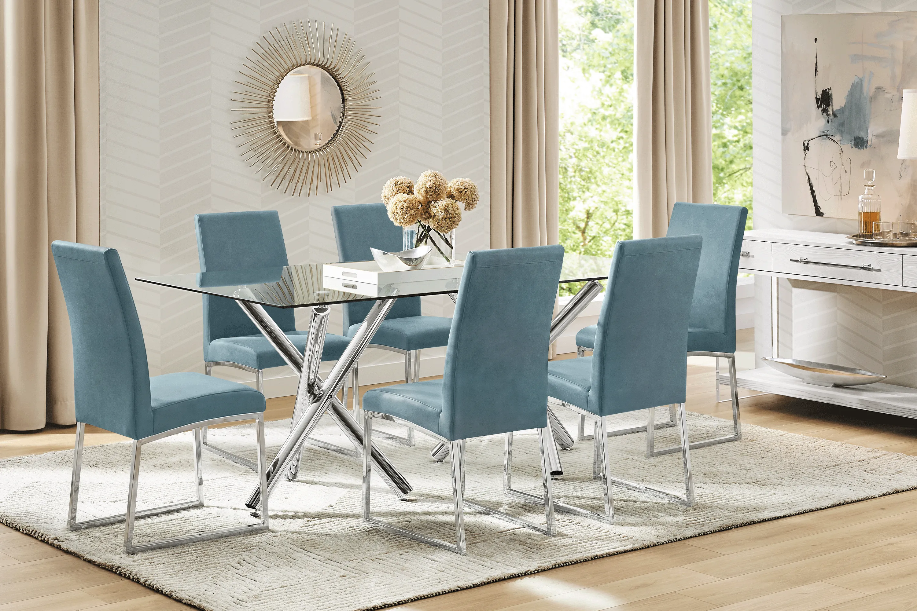Bastone Silver 7 Pc Dining Room with Blue Upholstered Chairs - Thumbnail - Image 1