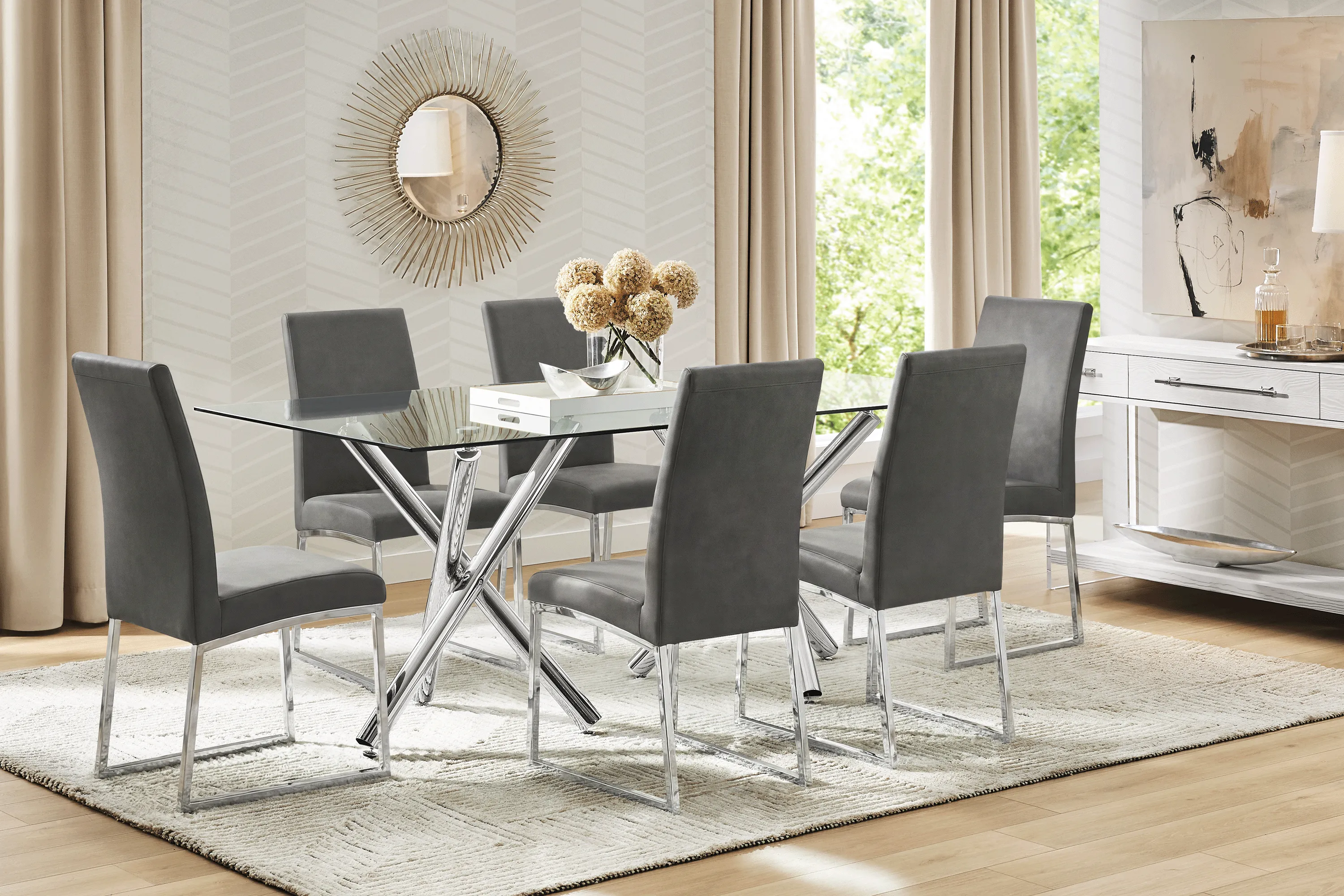 Bastone Silver 7 Pc Dining Room with Charcoal Upholstered Chairs - Thumbnail - Image 1
