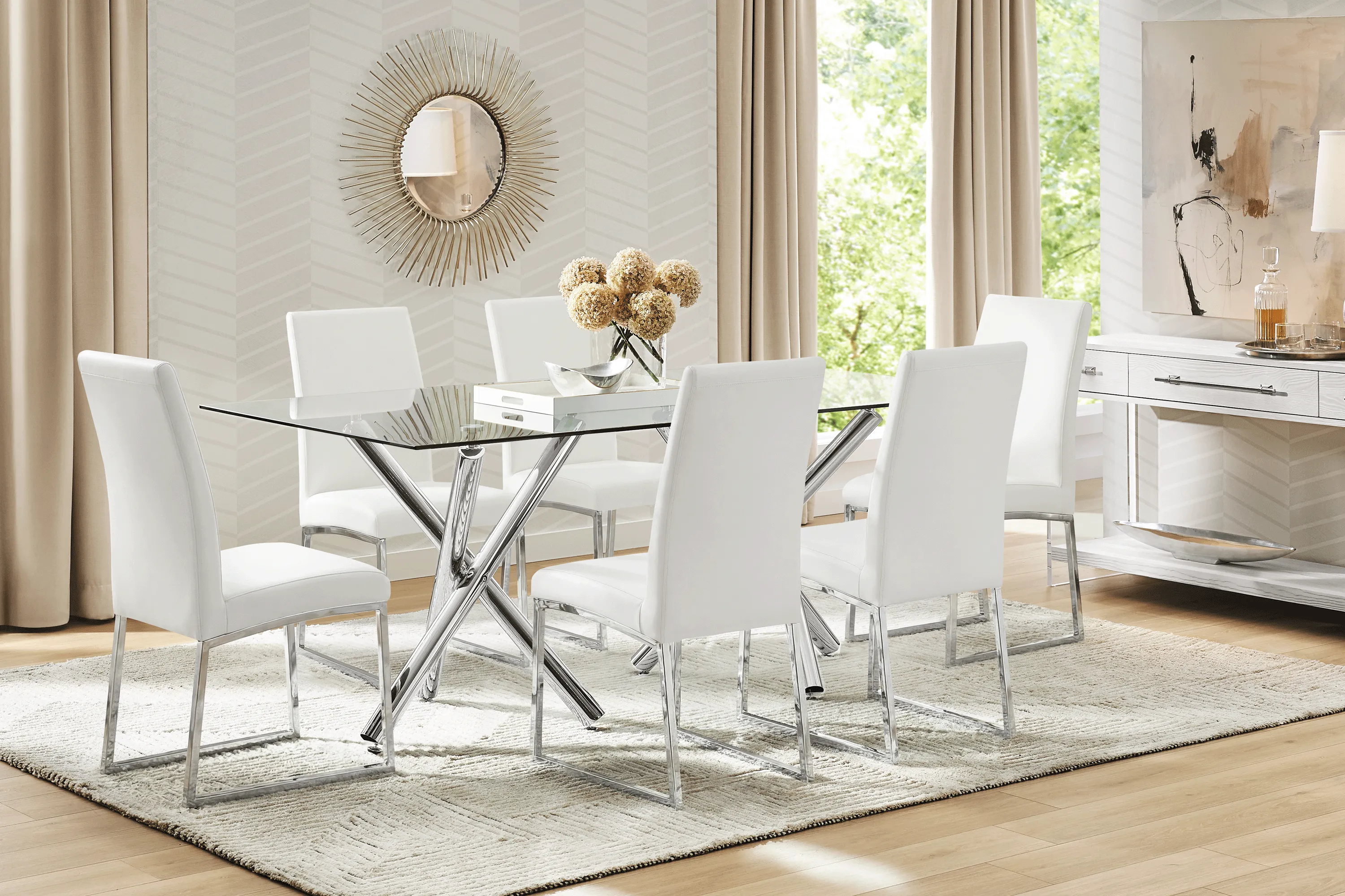 Bastone Silver 7 Pc Dining Room with Off-White Upholstered Chairs - Thumbnail - Image 1