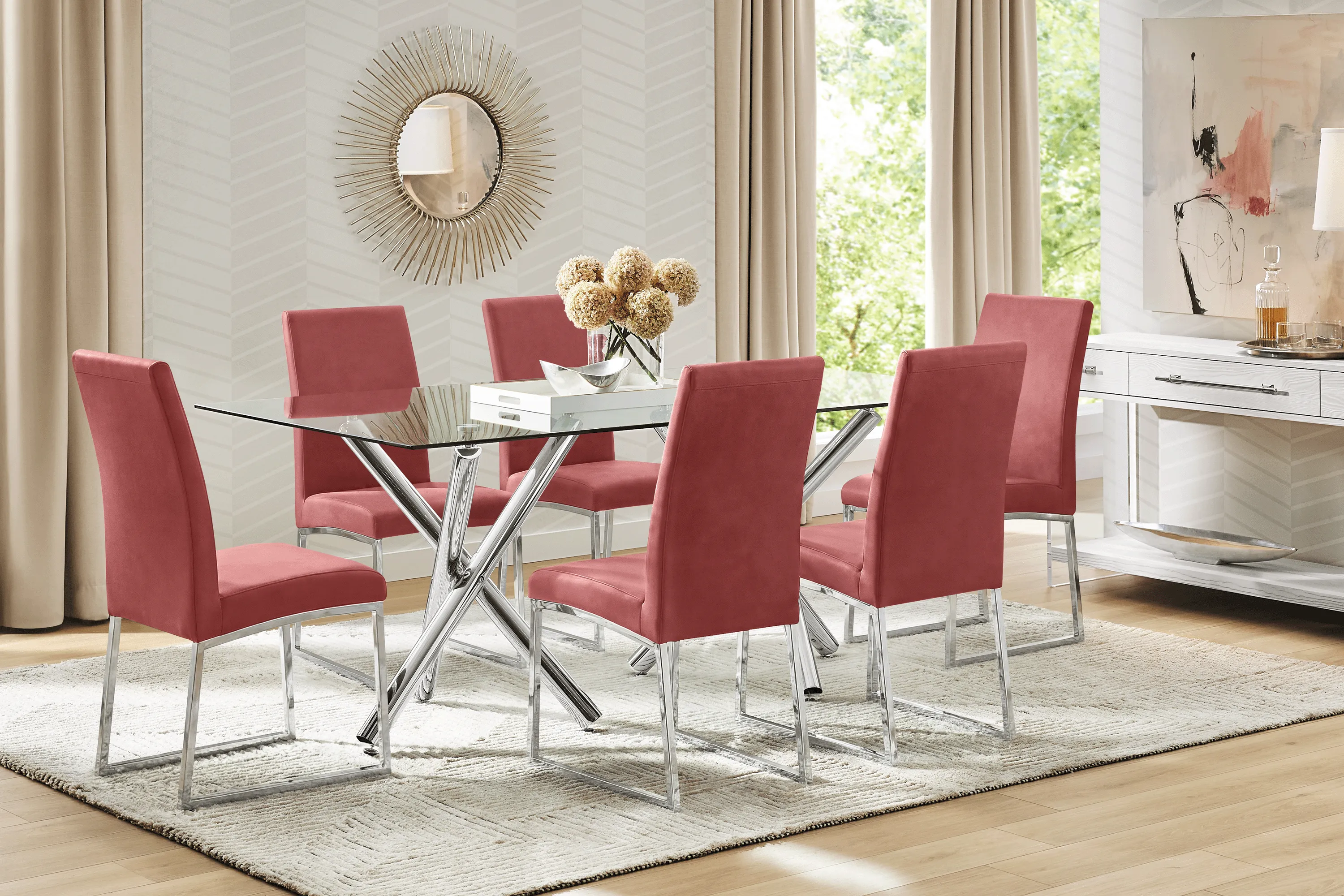Bastone Silver 7 Pc Dining Room with Red Upholstered Chairs - Thumbnail - Image 1