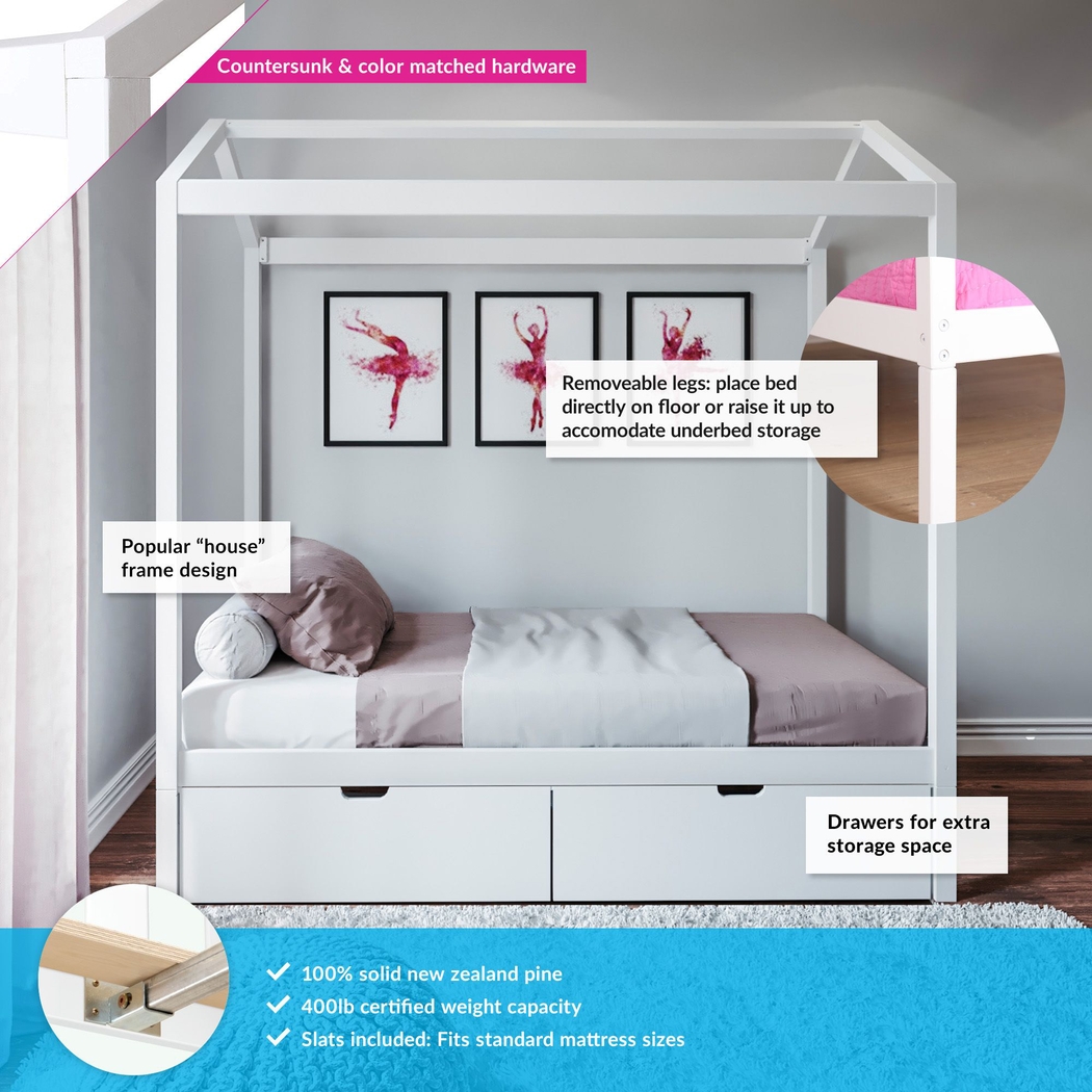 Kids Battenburg White Twin House Bed with Storage Drawers - Thumbnail - Image 2