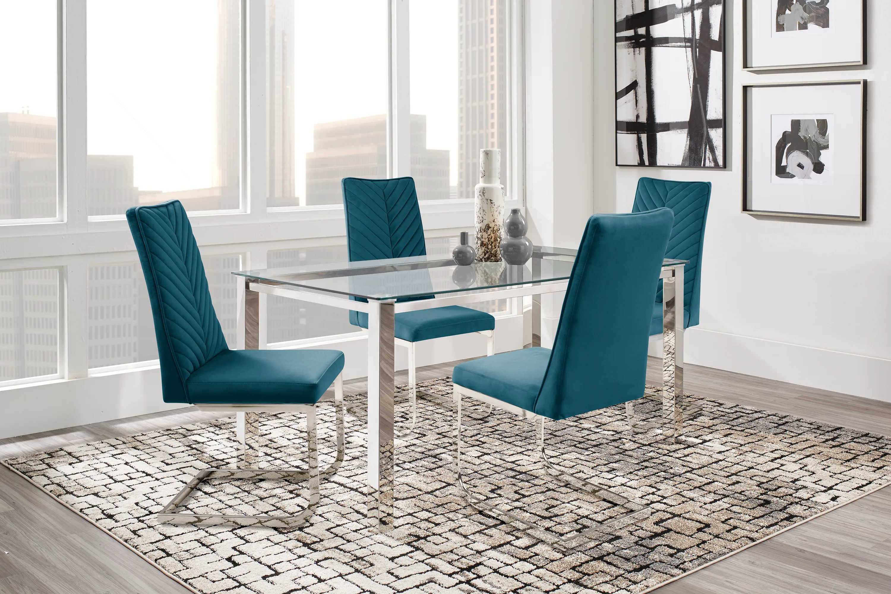 Bay City Silver 5 Pc Dining Room with Blue Chairs - Thumbnail - Image 1