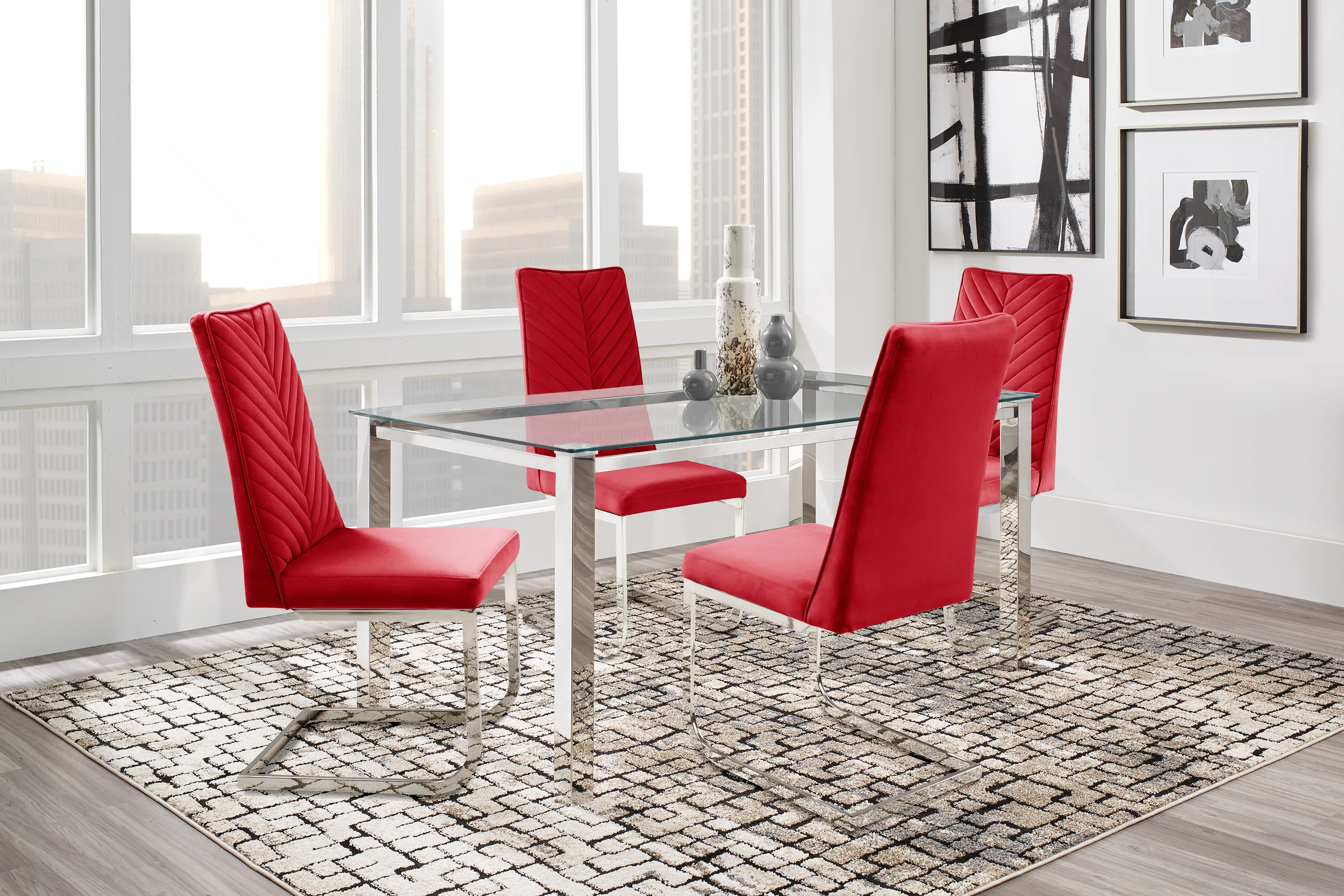 Bay City Silver 5 Pc Dining Room with Red Chairs - Thumbnail - Image 1
