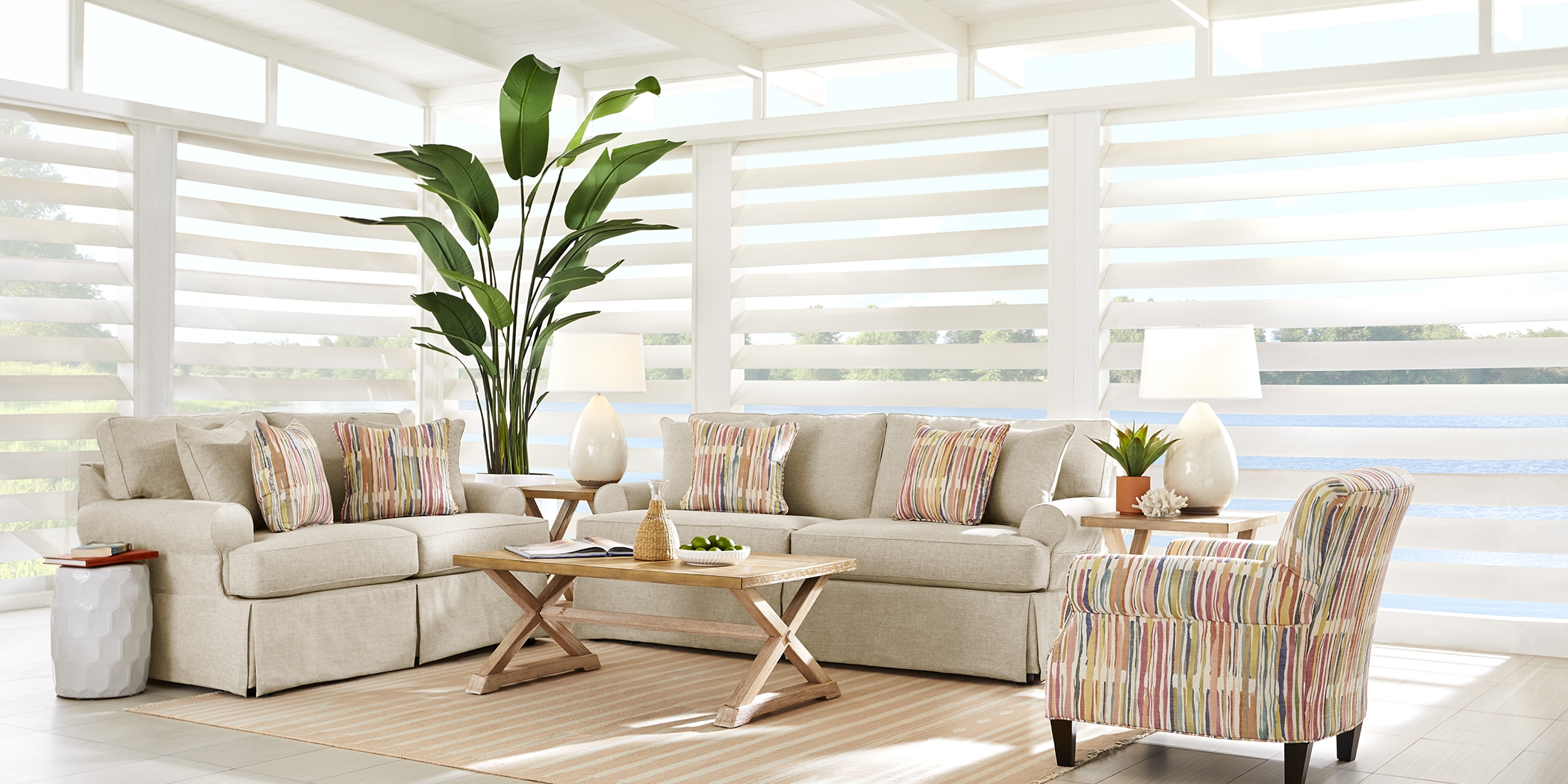 Beachside Walk Linen Textured Slipcover 5 Pc Living Room with Sleeper Sofa - Thumbnail - Image 2