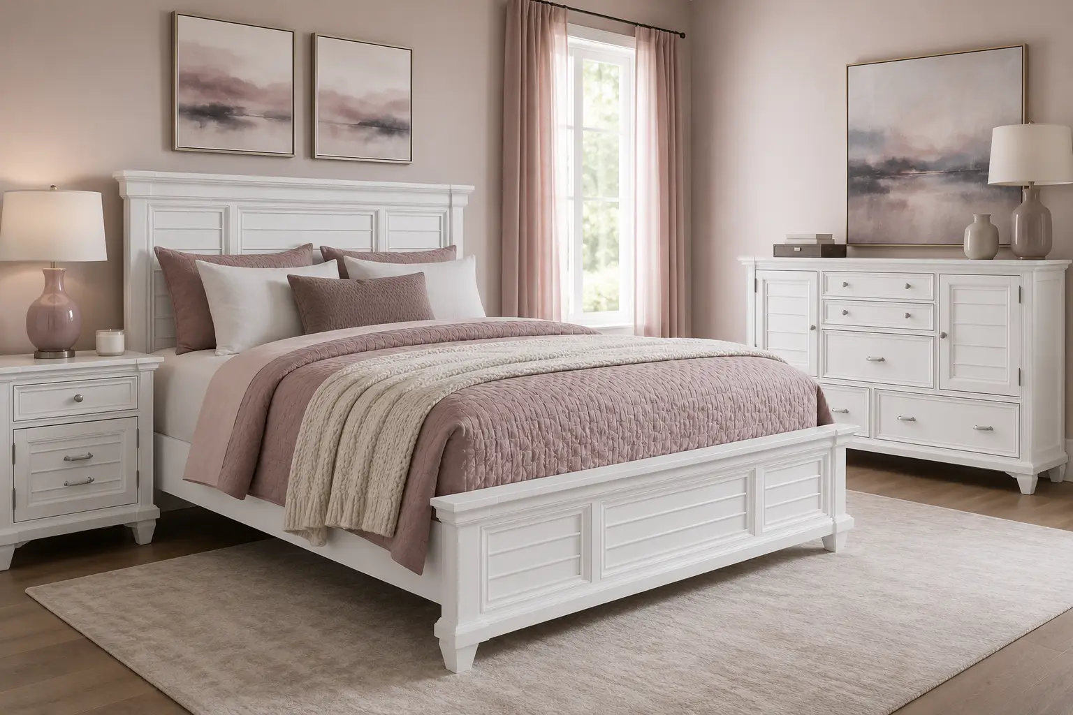 A white bedroom set featuring a paneled bed with mauve bedding, a matching nightstand, and a dresser in a neutral room.