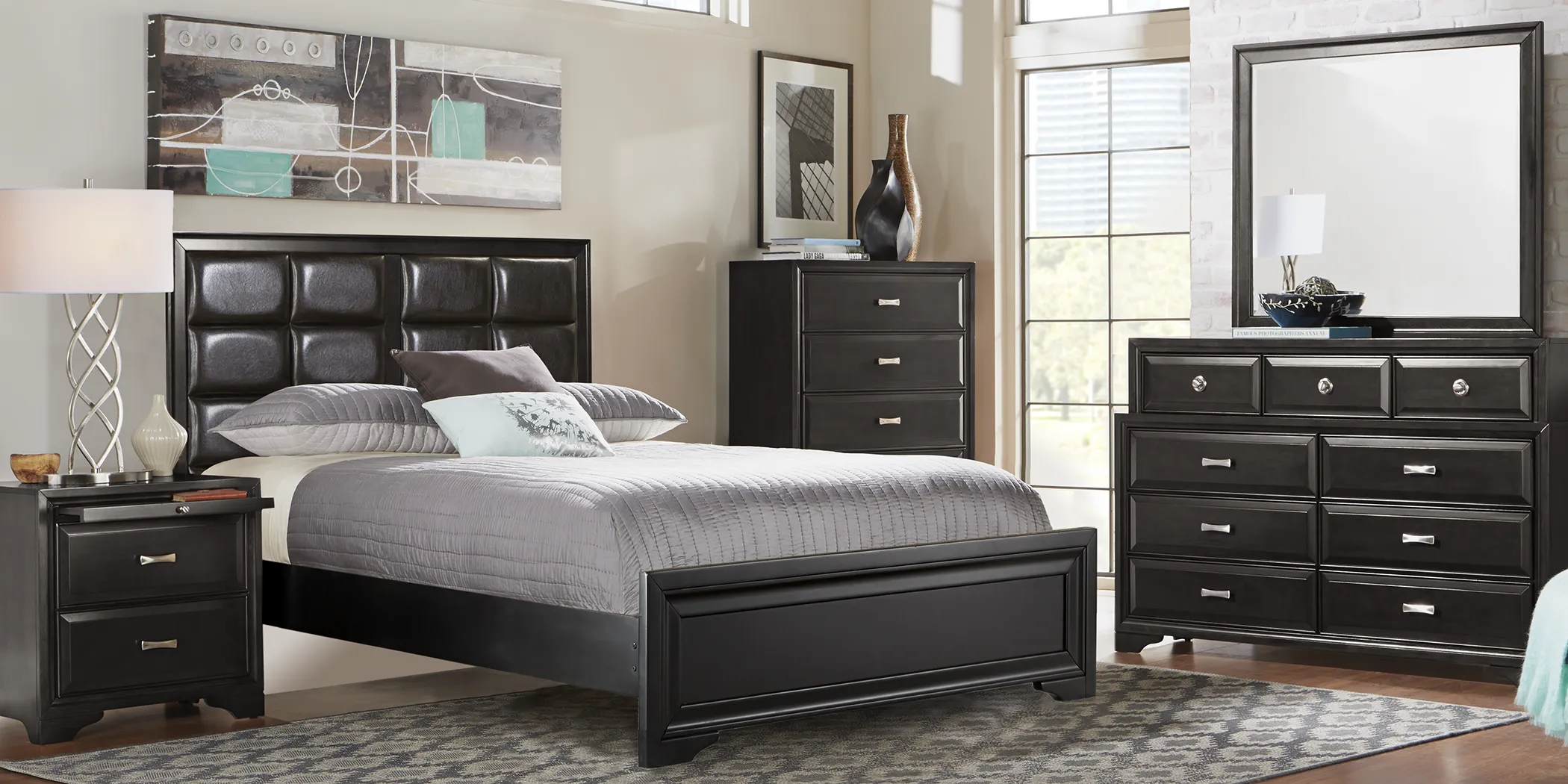 Belcourt Black 7 Pc Queen Upholstered Bedroom - Thumbnail - Image 1