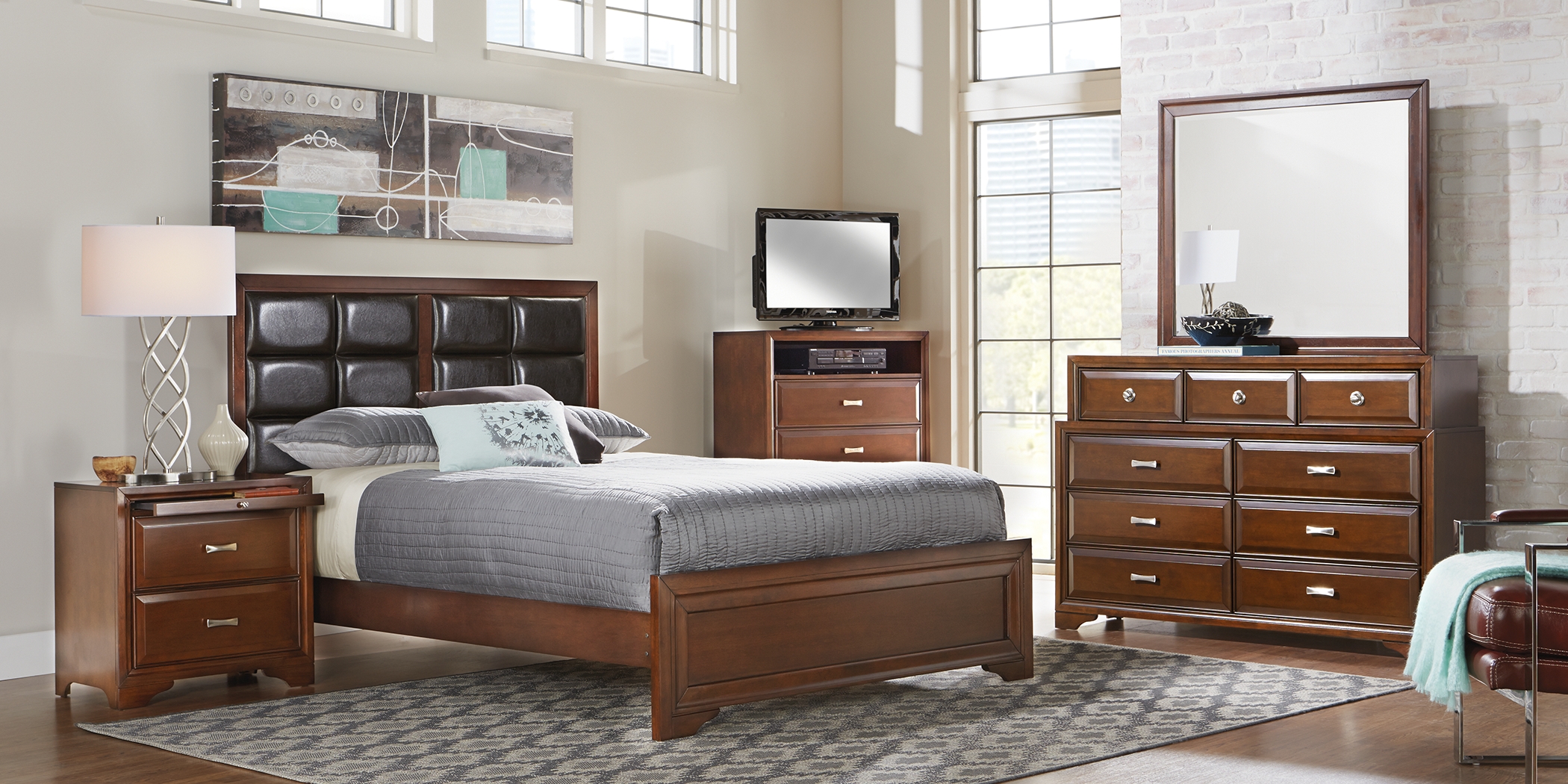 Belcourt Brown Cherry 5 Pc King Upholstered Bedroom - Thumbnail - Image 2