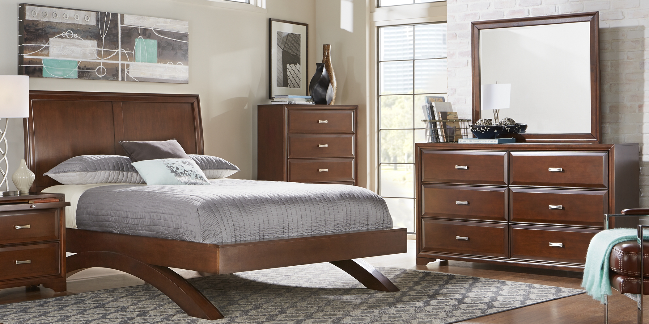 Belcourt Cherry 3 Pc Queen Platform Bed with Sleigh Headboard - Thumbnail - Image 2