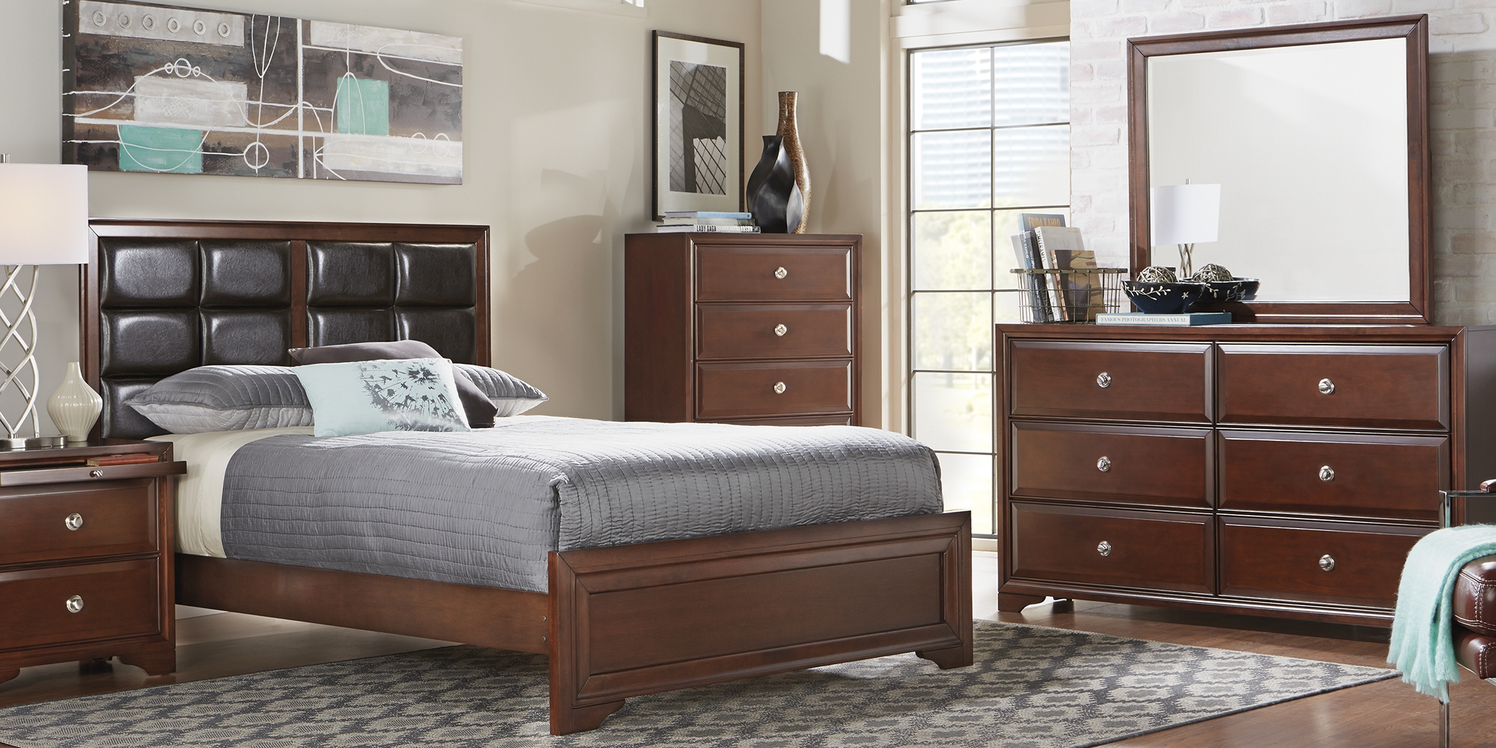 Belcourt Brown Cherry 5 Pc Queen Upholstered Bedroom - Thumbnail - Image 1