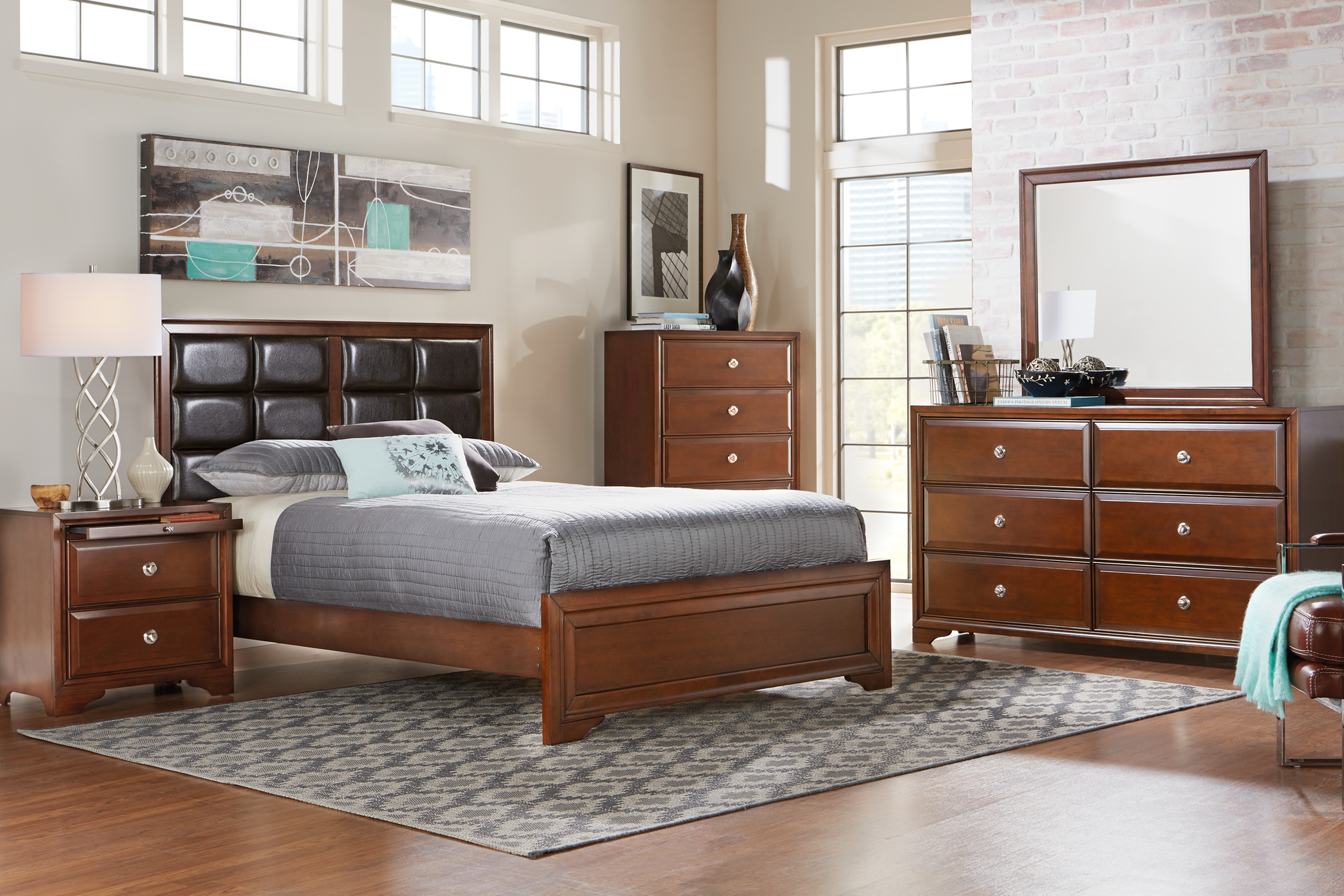 Belcourt Cherry 3 Pc Queen Upholstered Panel Bed - Thumbnail - Image 2