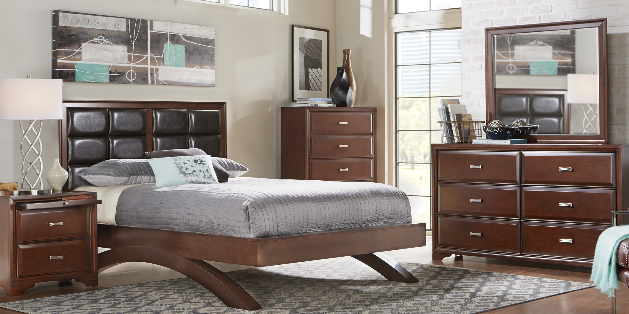 Belcourt Brown Cherry 3 Pc Queen Upholstered Platform Bed - Thumbnail - Image 2