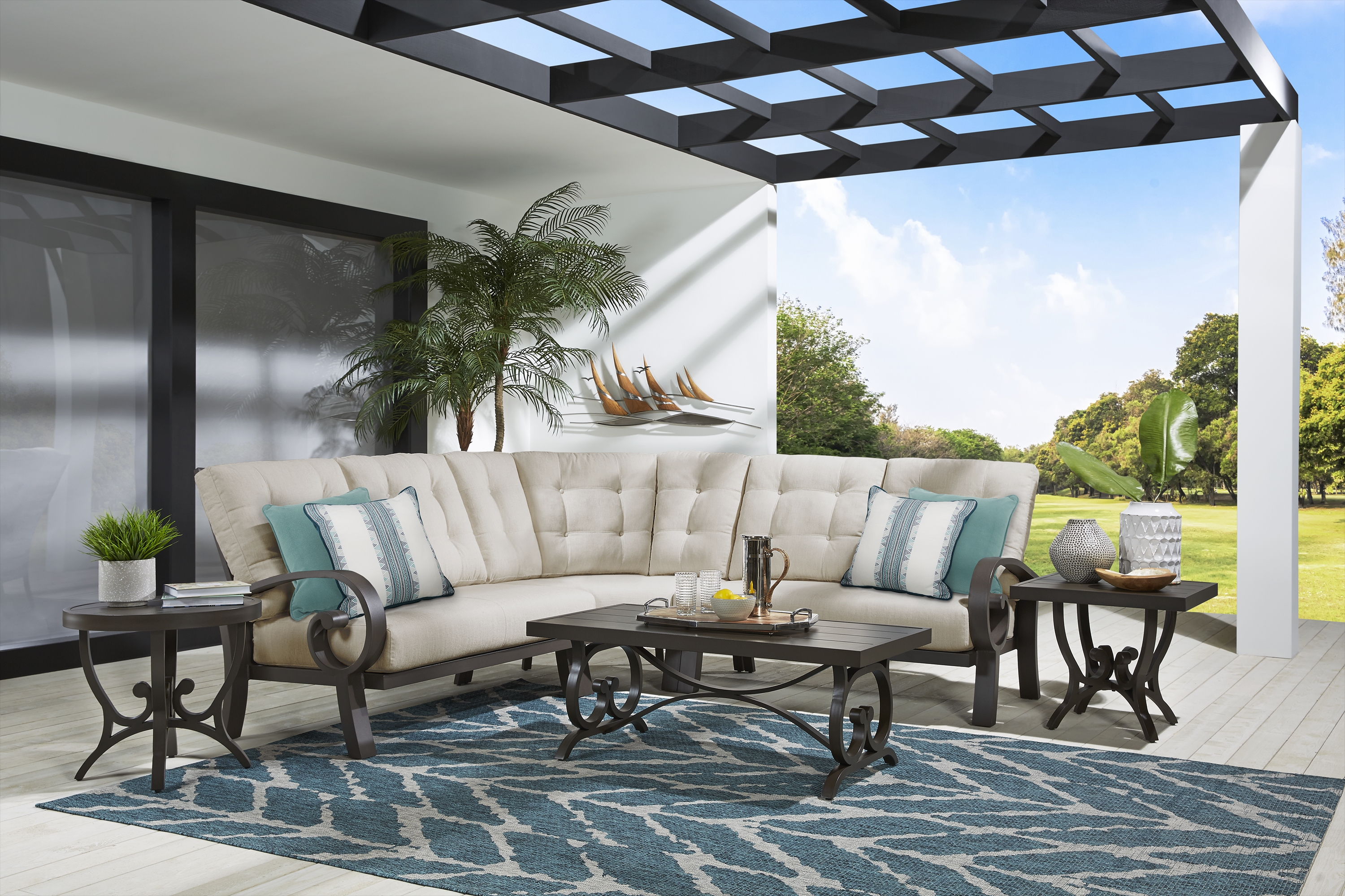 Bermuda Bay Aged Bronze 3 Pc Outdoor Sectional with Rollo Linen Cushions - Thumbnail - Image 2