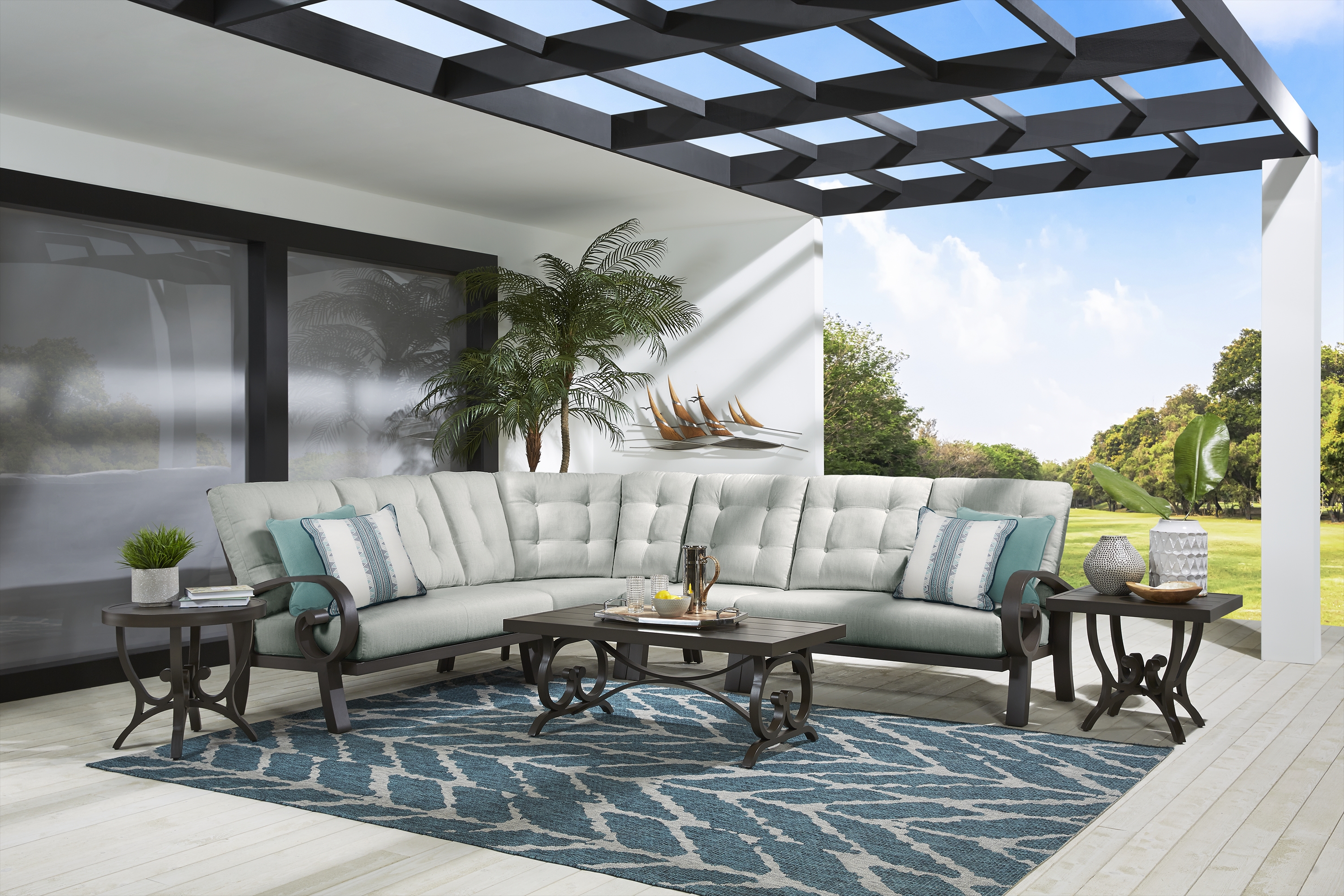 Bermuda Bay Aged Bronze 4 Pc Outdoor Sectional with Rollo Seafoam Cushions - Thumbnail - Image 2