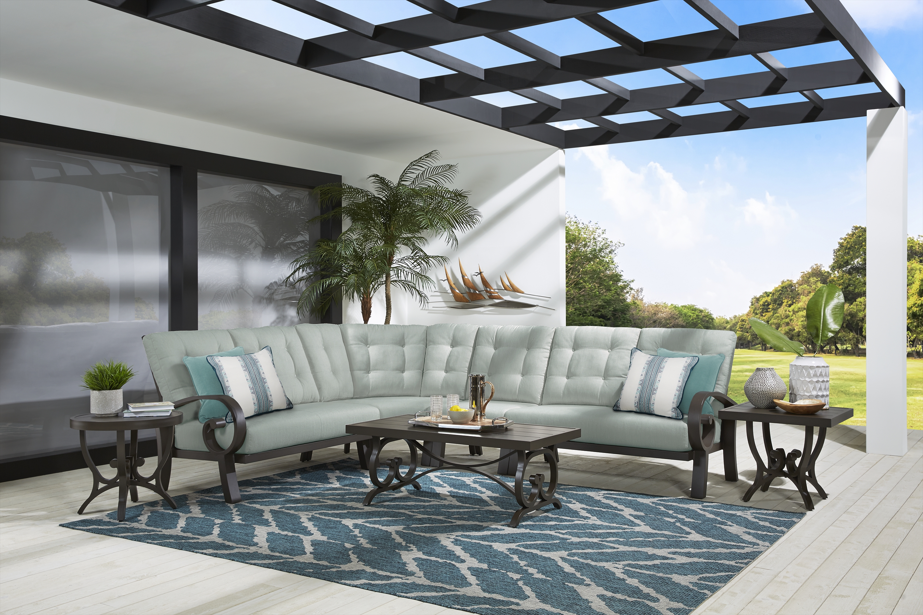 Bermuda Bay Aged Bronze 4 Pc Outdoor Sectional with Seafoam Cushions - Thumbnail - Image 2