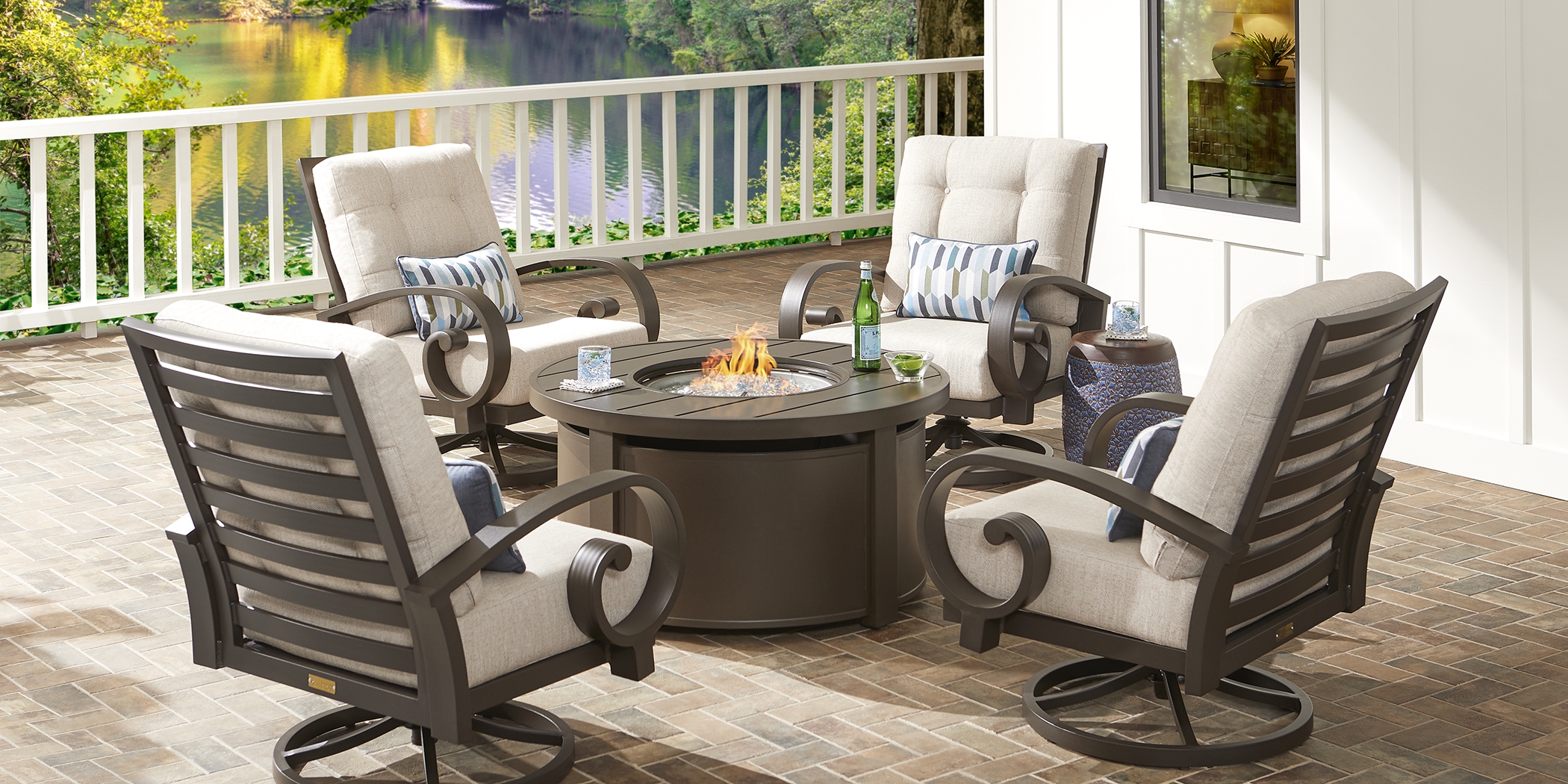 Bermuda Bay Aged Bronze 5 Pc Outdoor Fire Pit Seating Set with Parchment Cushions - Thumbnail - Image 1