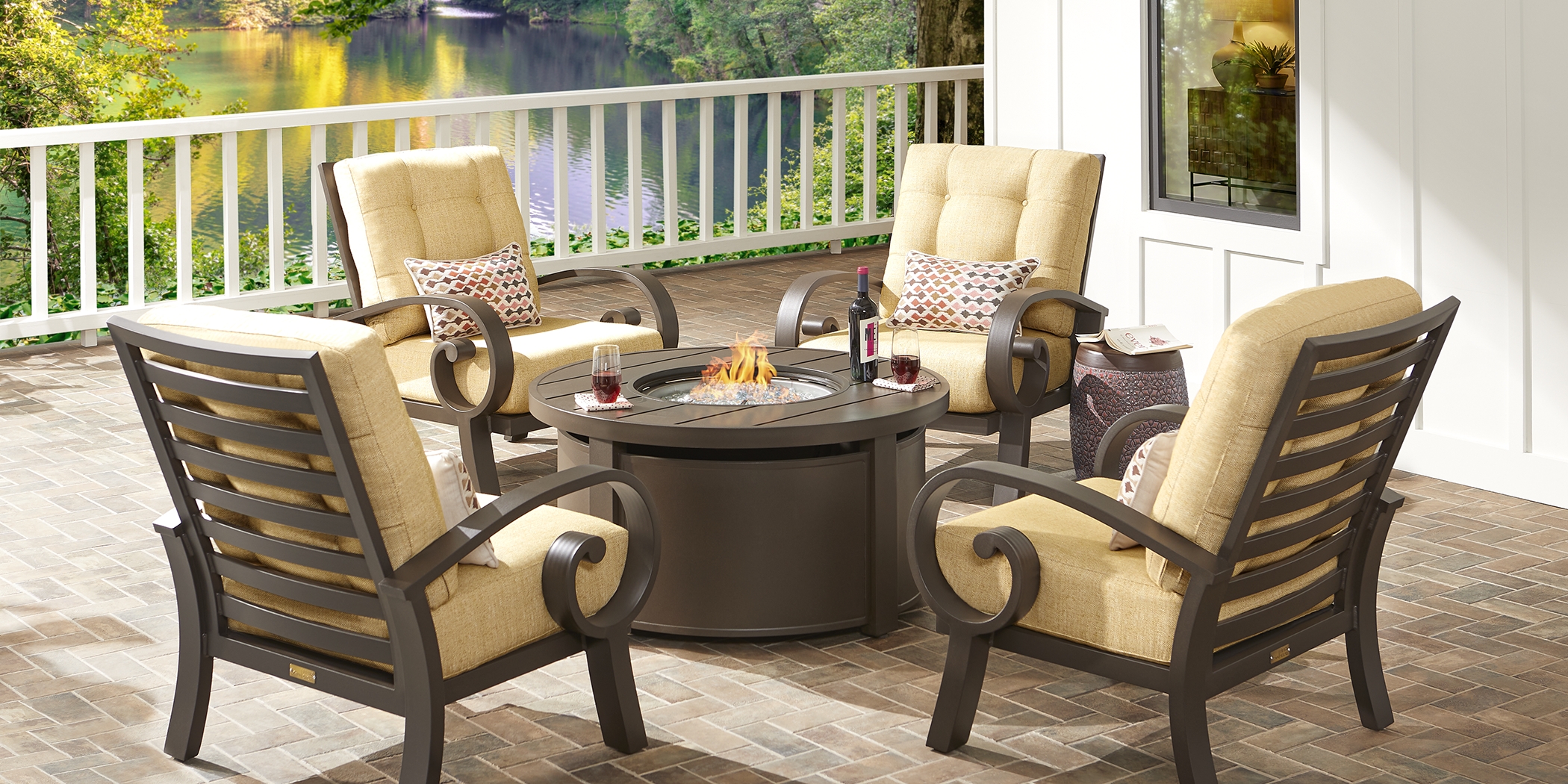 Bermuda Bay Aged Bronze 5 Pc Fire Pit Set with Straw Cushions - Thumbnail - Image 1