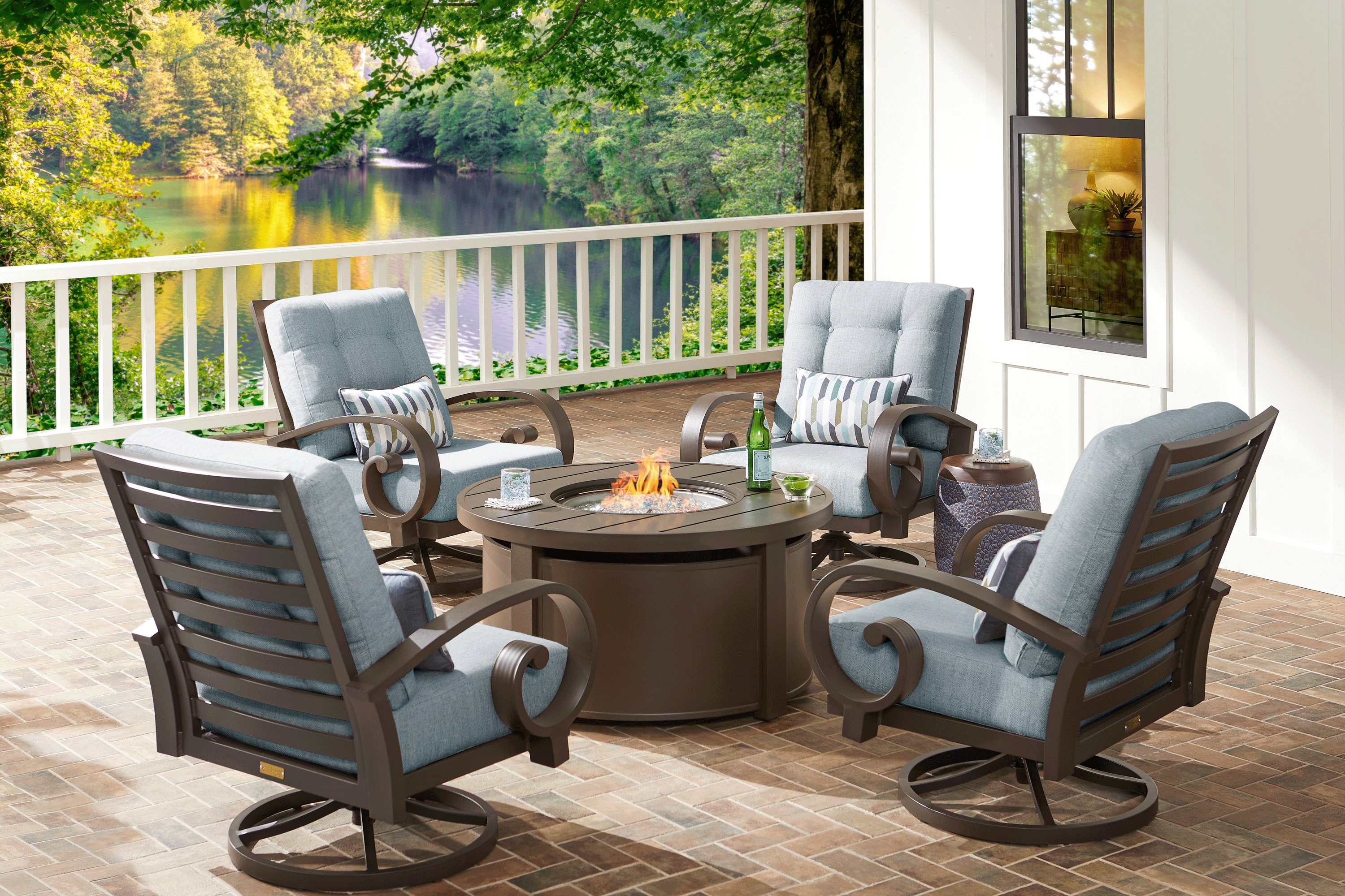 Bermuda Bay Aged Bronze 5 Pc Outdoor Fire Pit Seating Set with Mist Cushions - Thumbnail - Image 1