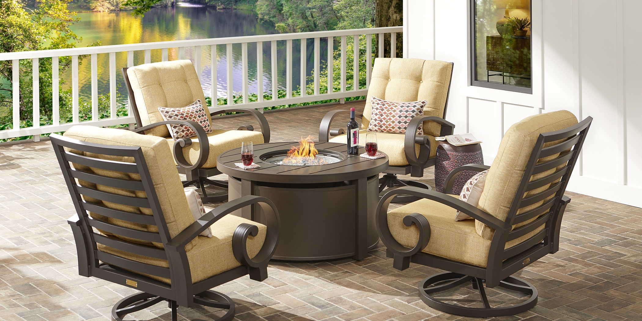 Bermuda Bay Aged Bronze 5 Pc Fire Pit Set with Swivel Chairs and Straw Cushions - Thumbnail - Image 1
