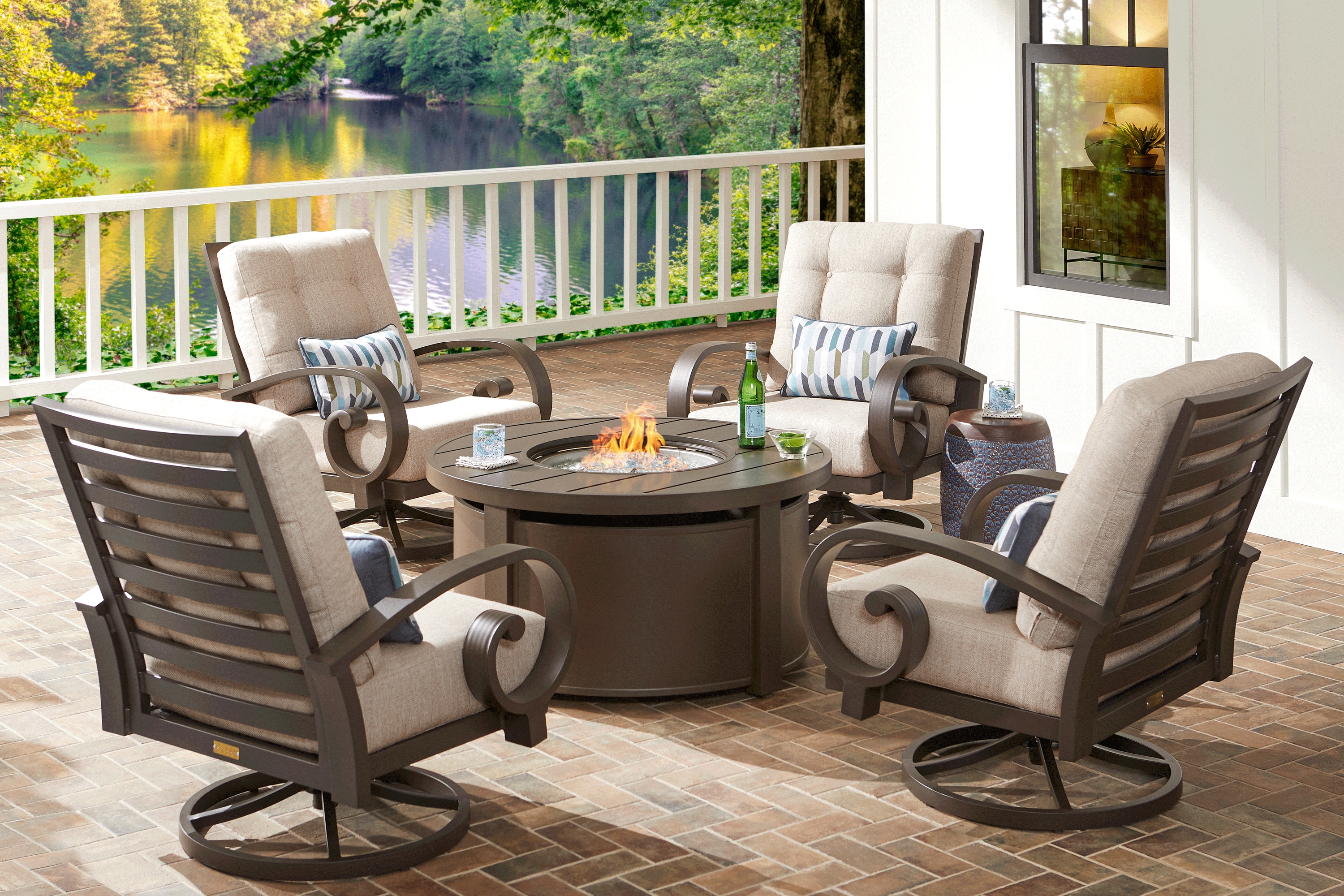 Bermuda Bay Aged Bronze 5 Pc Outdoor Fire Pit Seating Set with Wren Cushions - Thumbnail - Image 1