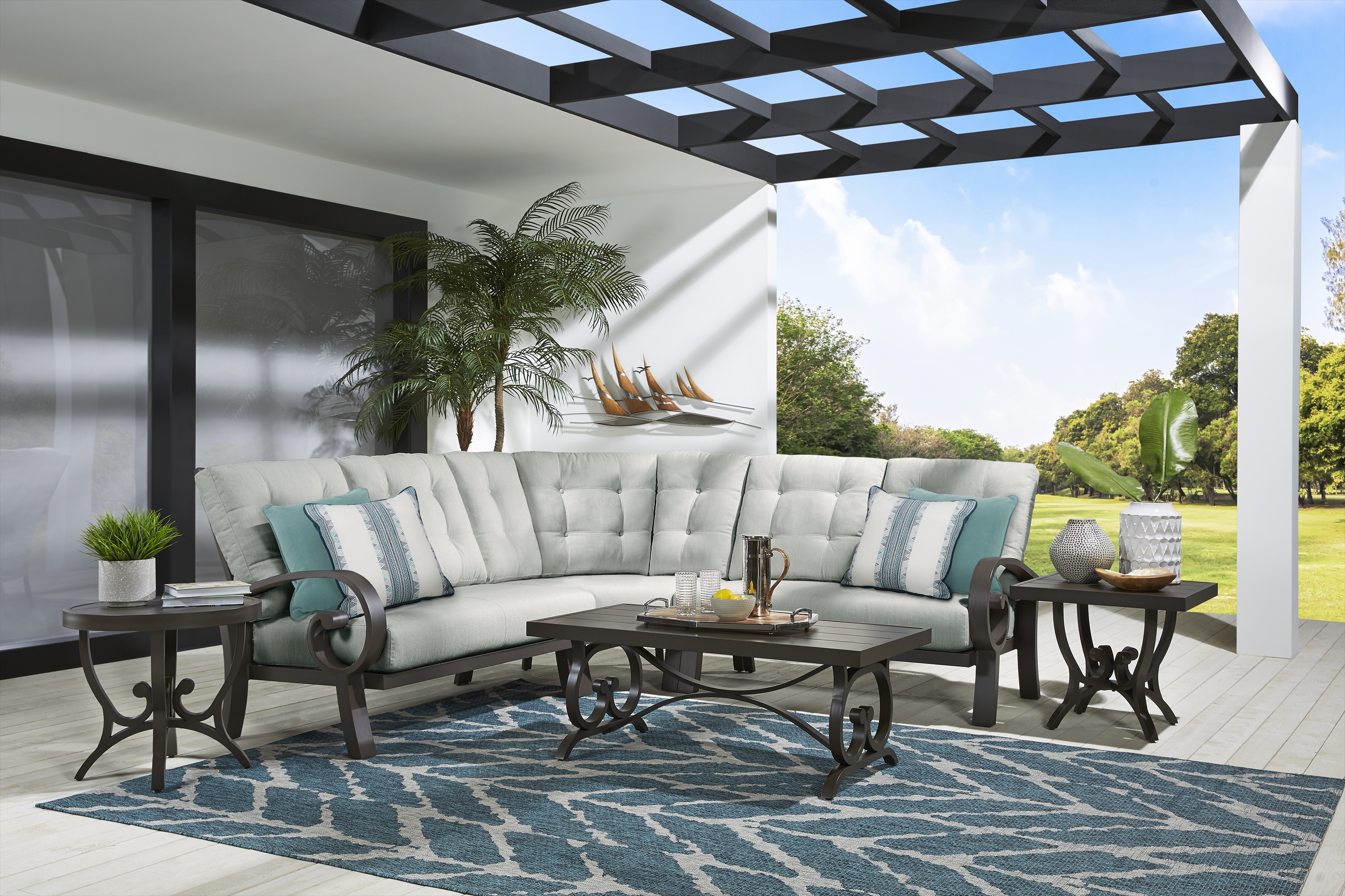 Bermuda Bay Aged Bronze 3 Pc Outdoor Sectional with Rollo Seafoam Cushions - Thumbnail - Image 2