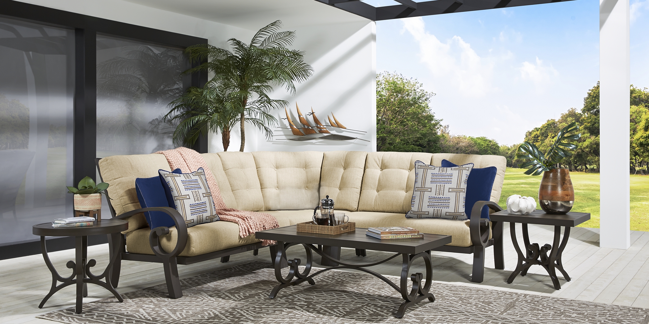 Bermuda Bay Aged Bronze Outdoor 3 Pc Sectional with Straw Cushions - Thumbnail - Image 2