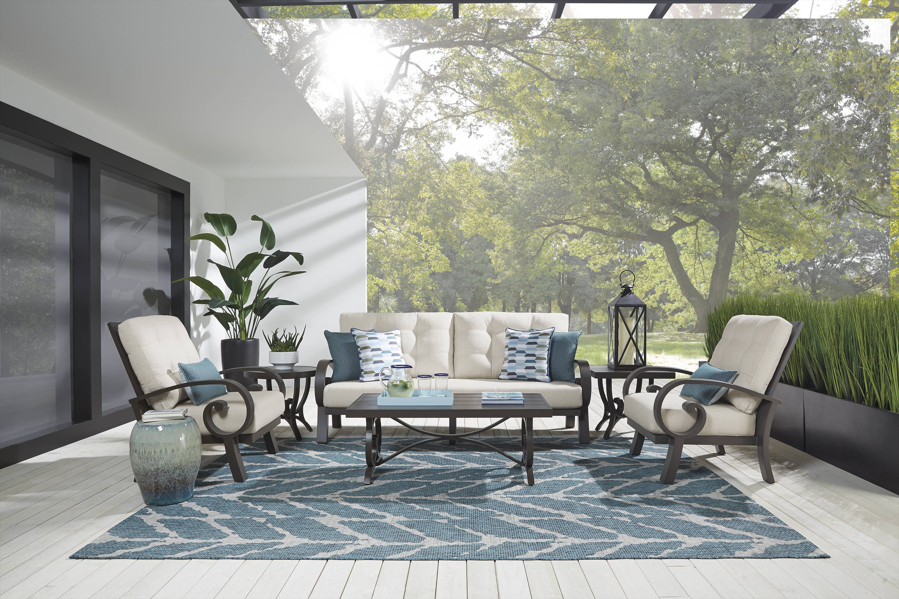 Bermuda Bay Aged Bronze Outdoor 4 Pc Seating Set with Parchment Cushions - Thumbnail - Image 1