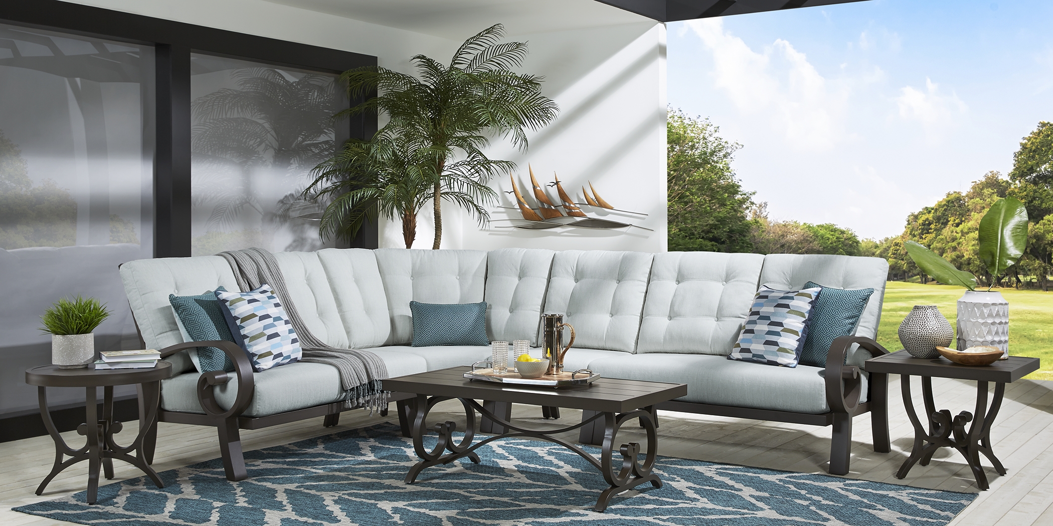 Bermuda Bay Aged Bronze Outdoor 4 Pc Sectional with Seafoam Cushions - Thumbnail - Image 2