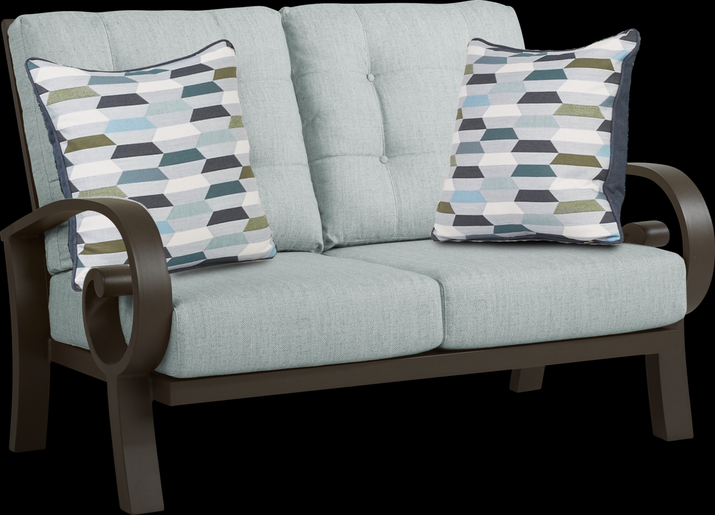 Bermuda Bay Aged Bronze Outdoor Loveseat with Seafoam Cushions - Thumbnail - Image 1