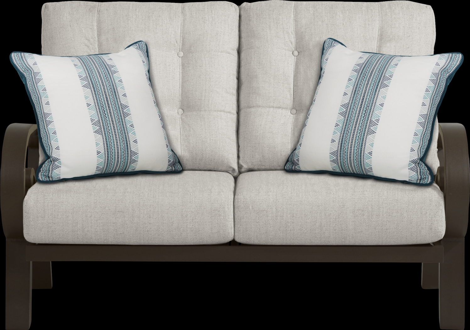 Bermuda Bay Aged Bronze Outdoor Loveseat with Rollo Linen Cushions - Thumbnail - Image 1