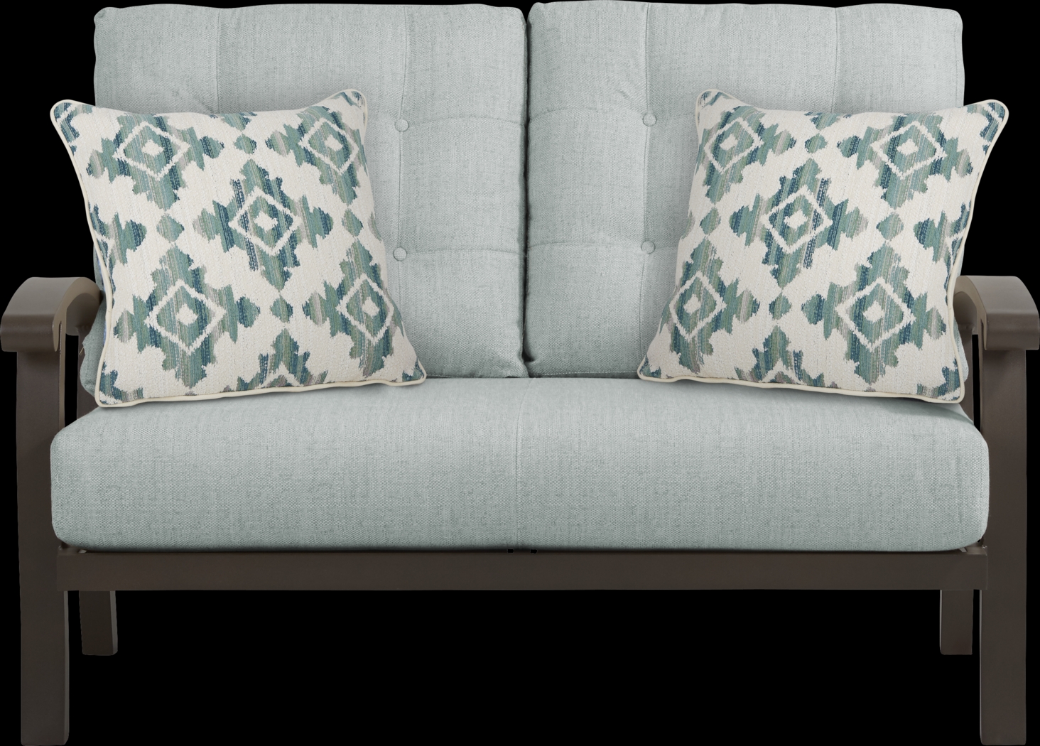 Bermuda Bay Aged Bronze Outdoor Loveseat with Rollo Mist Cushions - Thumbnail - Image 1